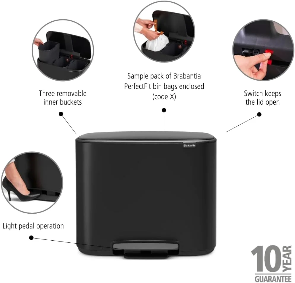 سطل پدالی Brabantia Bo، استیل، مشکی مات، 3 X 11 لیتری