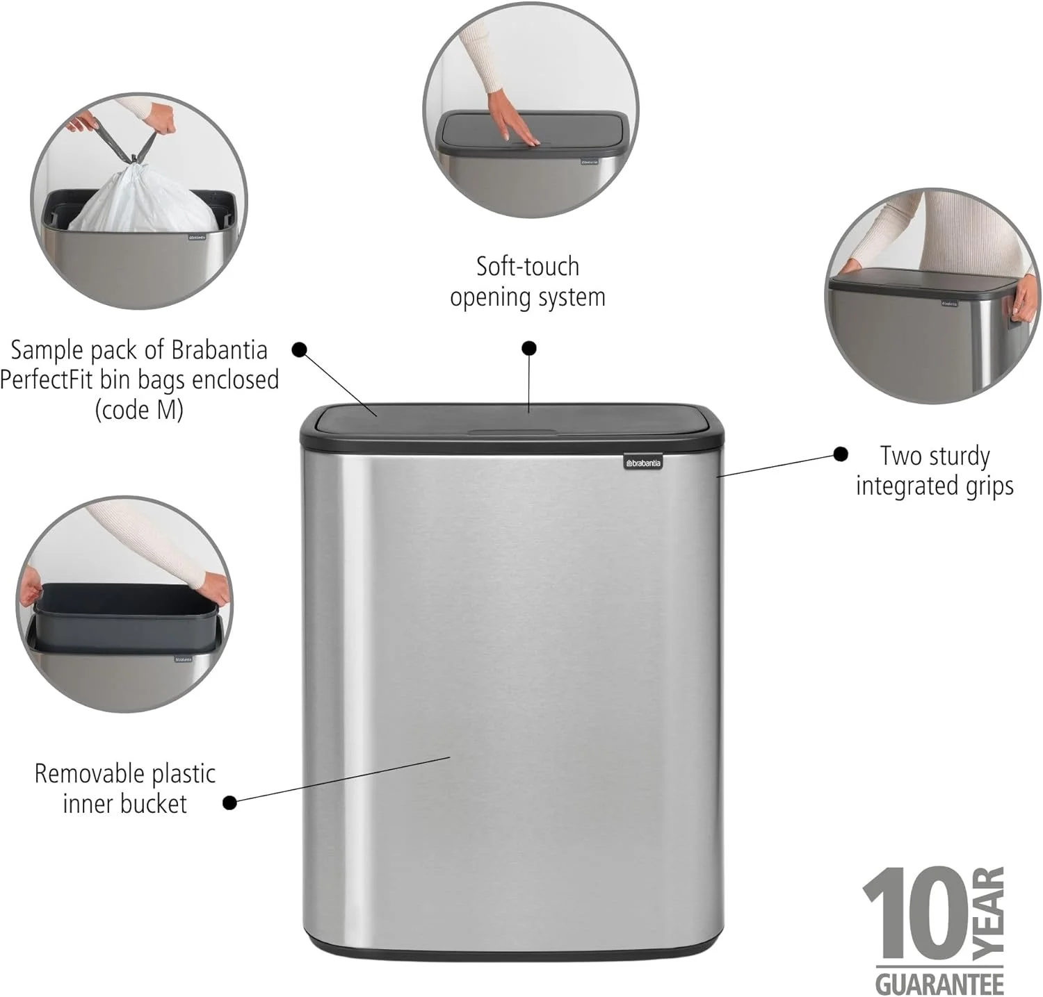 سطل زباله لمسی Brabantia 223082 Bo Touch Bin XL، 60 لیتری، 1 سطل داخلی، استیل مات ضد اثر انگشت