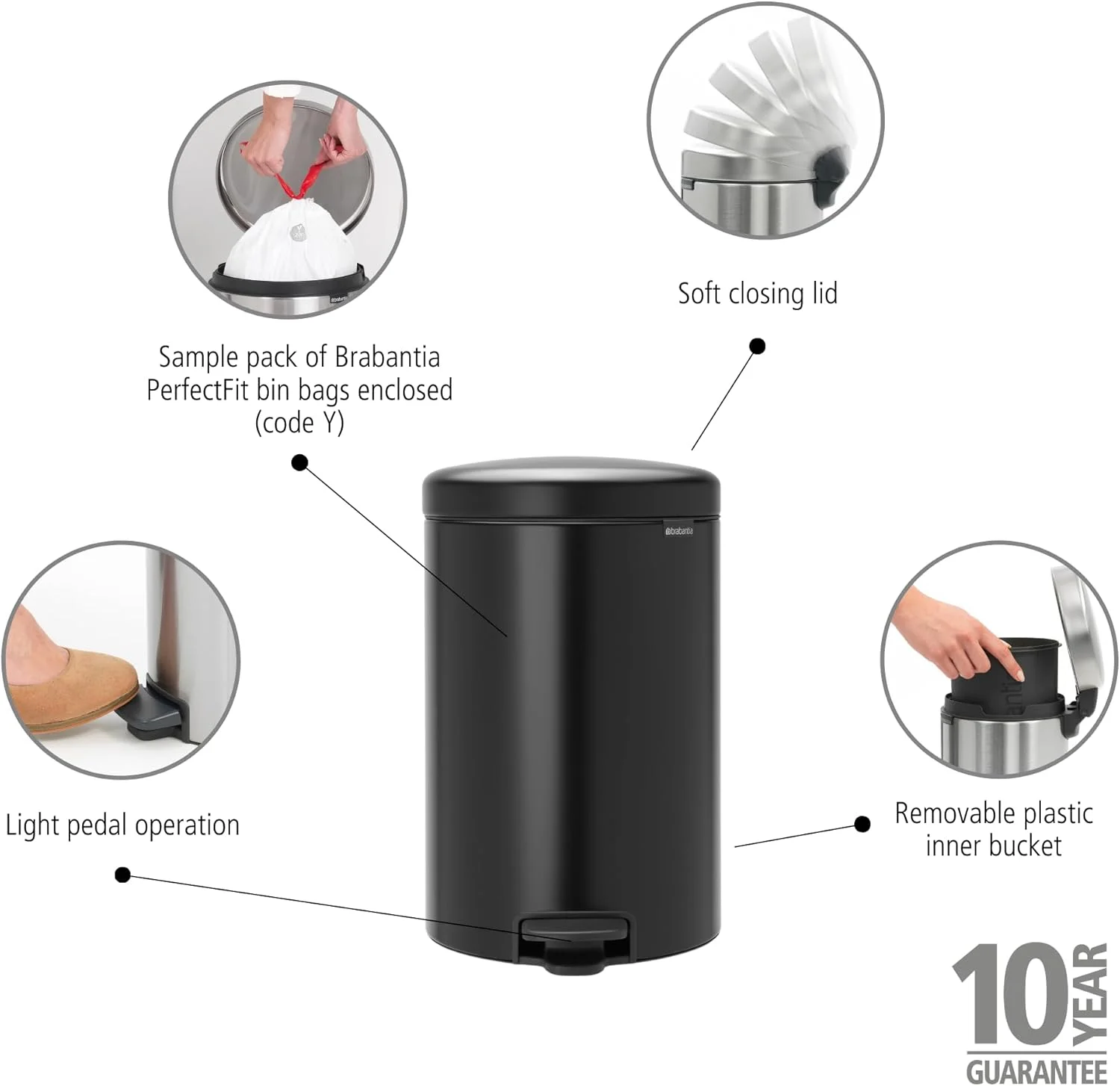 سطل زباله پدالی برابانتیا مدل 114106، حجم 20 لیتر، مشکی مات سطل زباله پدالی برابانتیا مدل 114106، حجم 20 لیتر، مشکی مات