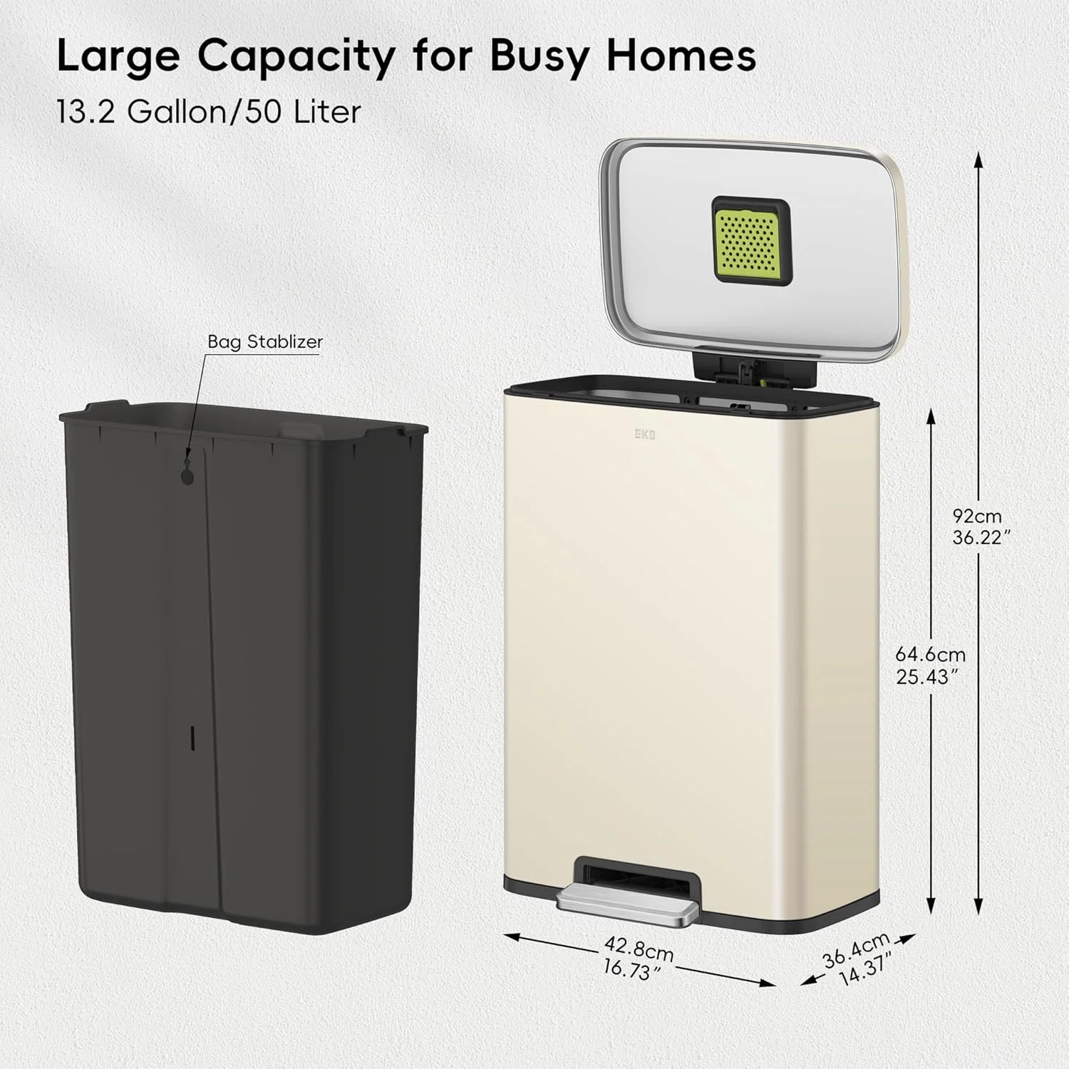 سطل زباله پدالی 50 لیتری/13.2 گالنی EKO Madison با روکش استیل وانیلی با سطل داخلی - مقاوم در برابر اثر انگشت سطل زباله پدالی 50 لیتری/13.2 گالنی EKO Madison با روکش استیل وانیلی با سطل داخلی - مقاوم در برابر اثر انگشت