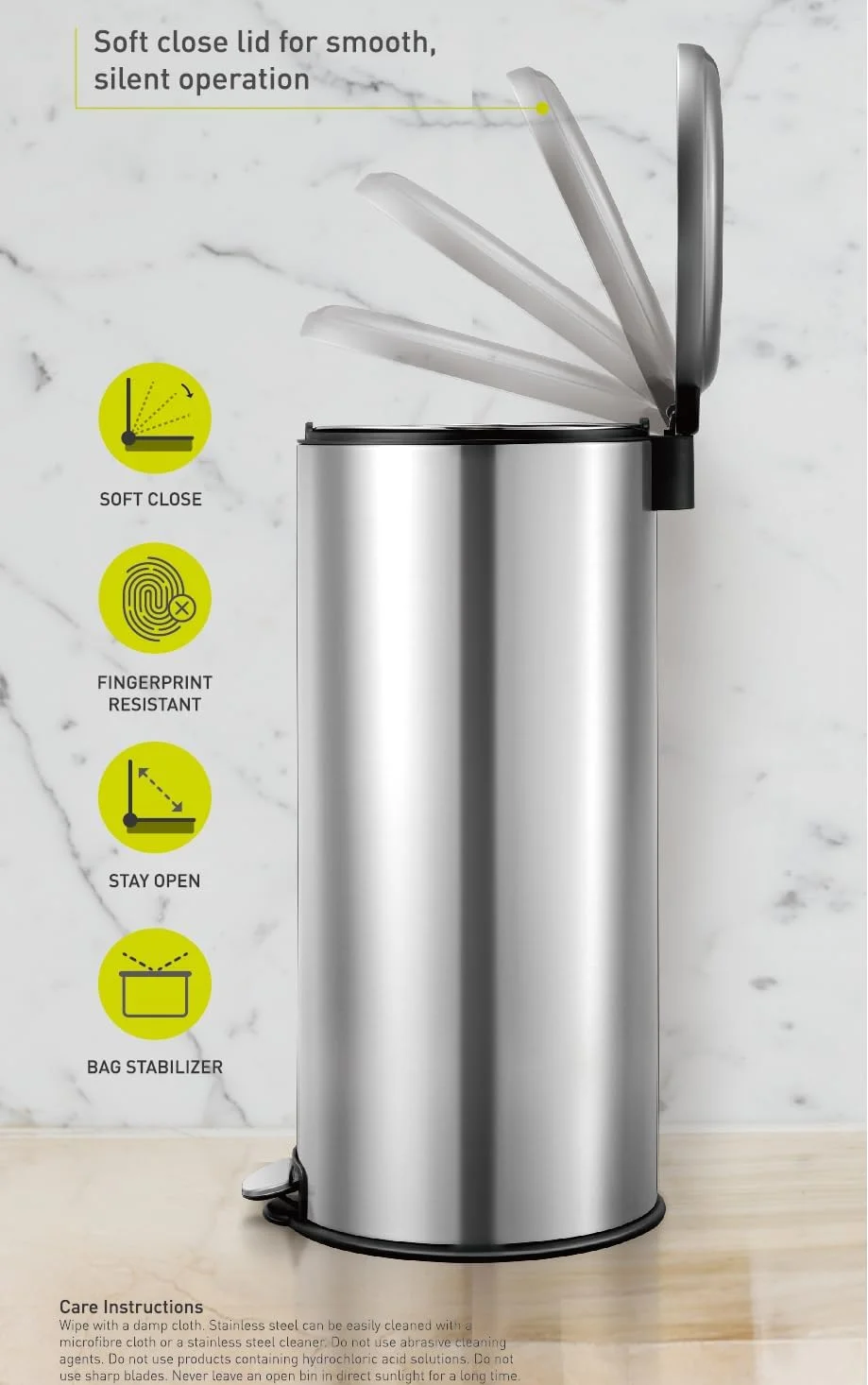 سطل پدالی 30 لیتری EKO مدل Serene - نقره ای | سطل گرد بزرگ با درب آرام بند | روکش مقاوم در برابر اثر انگشت | دارای سطل داخلی جداشدنی | تثبیت کننده کیسه سطل پدالی 30 لیتری EKO مدل Serene - نقره ای | سطل گرد بزرگ با درب آرام بند | روکش مقاوم در برابر اثر انگشت | دارای سطل داخلی جداشدنی | تثبیت کننده کیسه