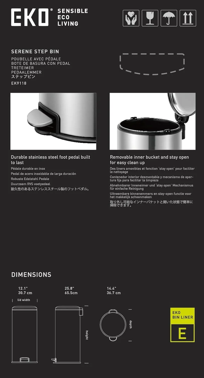 سطل پدالی 30 لیتری EKO مدل Serene - نقره ای | سطل گرد بزرگ با درب آرام بند | روکش مقاوم در برابر اثر انگشت | دارای سطل داخلی جداشدنی | تثبیت کننده کیسه سطل پدالی 30 لیتری EKO مدل Serene - نقره ای | سطل گرد بزرگ با درب آرام بند | روکش مقاوم در برابر اثر انگشت | دارای سطل داخلی جداشدنی | تثبیت کننده کیسه