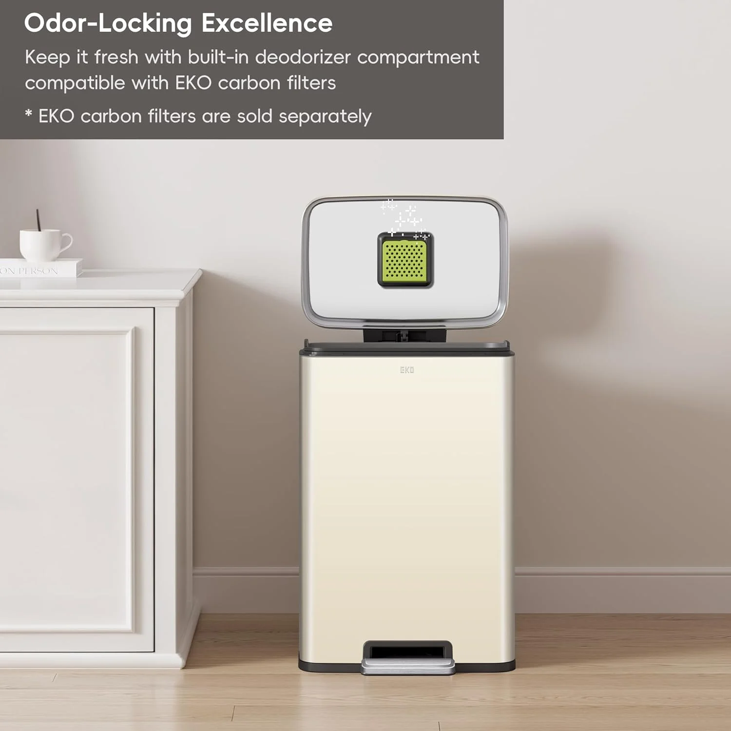 سطل زباله پدالی 50 لیتری/13.2 گالنی EKO Madison با روکش استیل وانیلی با سطل داخلی - مقاوم در برابر اثر انگشت سطل زباله پدالی 50 لیتری/13.2 گالنی EKO Madison با روکش استیل وانیلی با سطل داخلی - مقاوم در برابر اثر انگشت