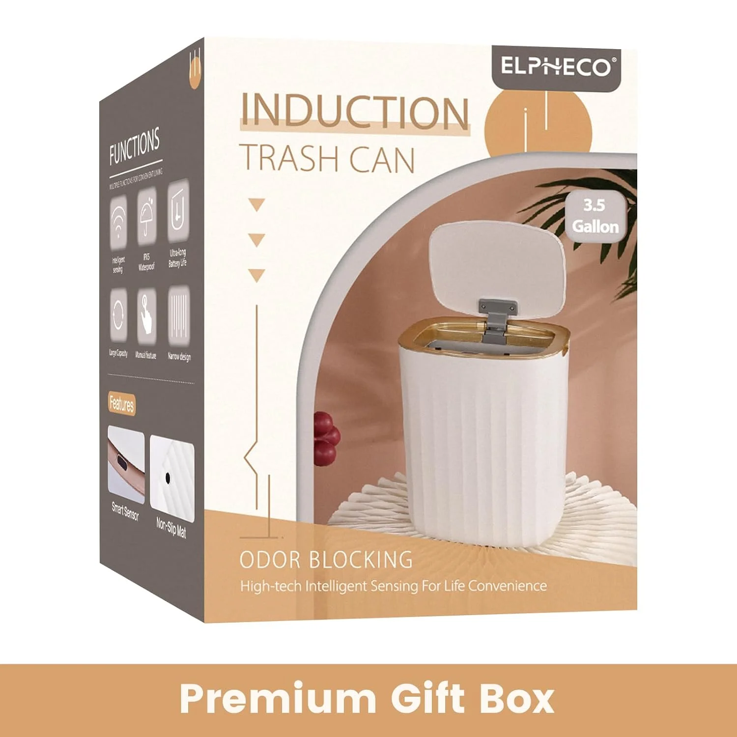 سطل زباله سنسوردار ضد آب ELPHECO با ظرفیت 3.5 گالن، سطل زباله اتوماتیک مناسب اتاق خواب، حمام، اتاق نشیمن، دفتر کار، طلایی سطل زباله سنسوردار ضد آب ELPHECO با ظرفیت 3.5 گالن، سطل زباله اتوماتیک مناسب اتاق خواب، حمام، اتاق نشیمن، دفتر کار، طلایی