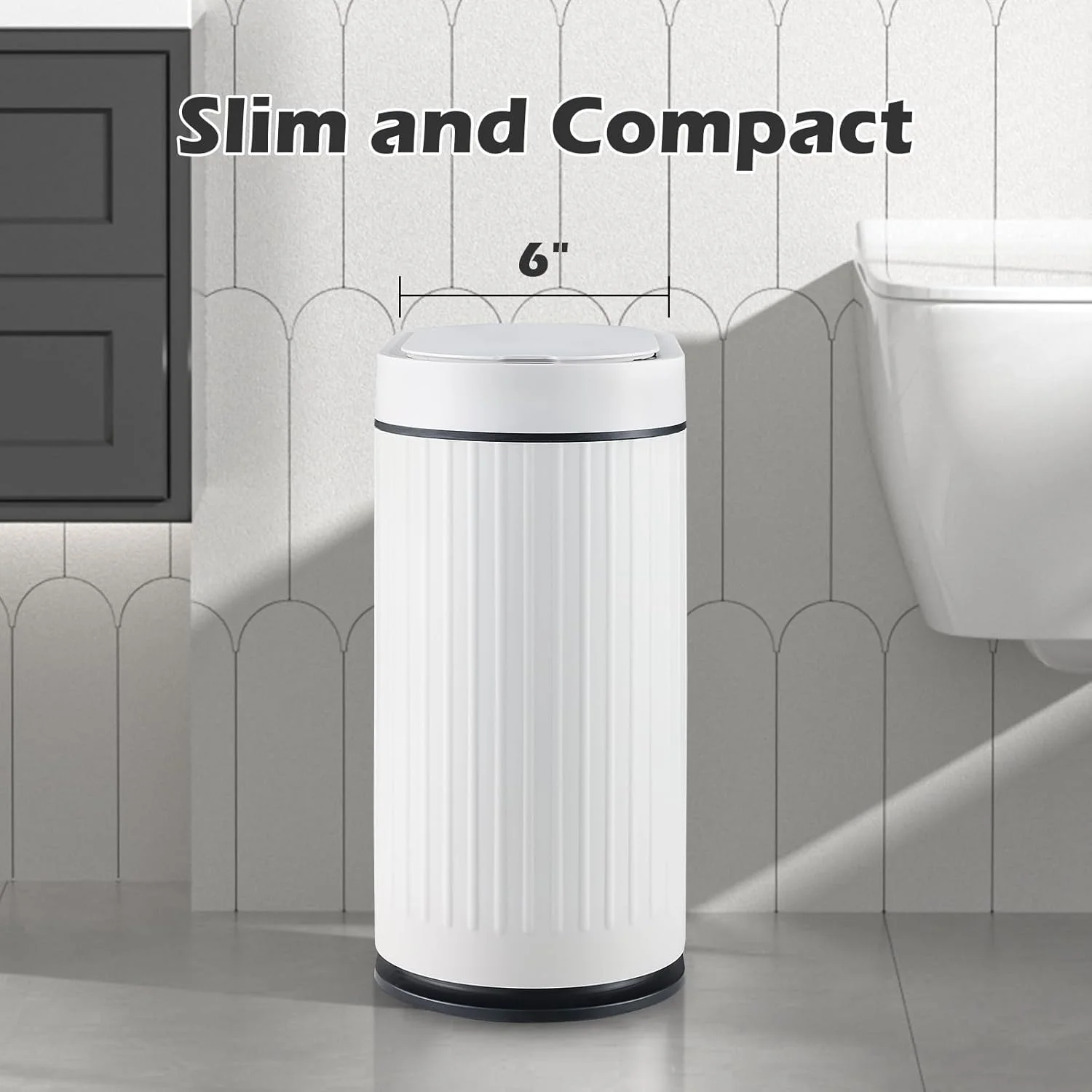 سطل زباله حمام ELPHECO با درب، 2 گالن، سطل زباله سنسور حرکتی 7.5 لیتری، سطل زباله کوچک بدون لمس، سطل زباله باریک ضد آب هوشمند با راه راه برای اتاق خواب، دفتر (سفید-مشکی)