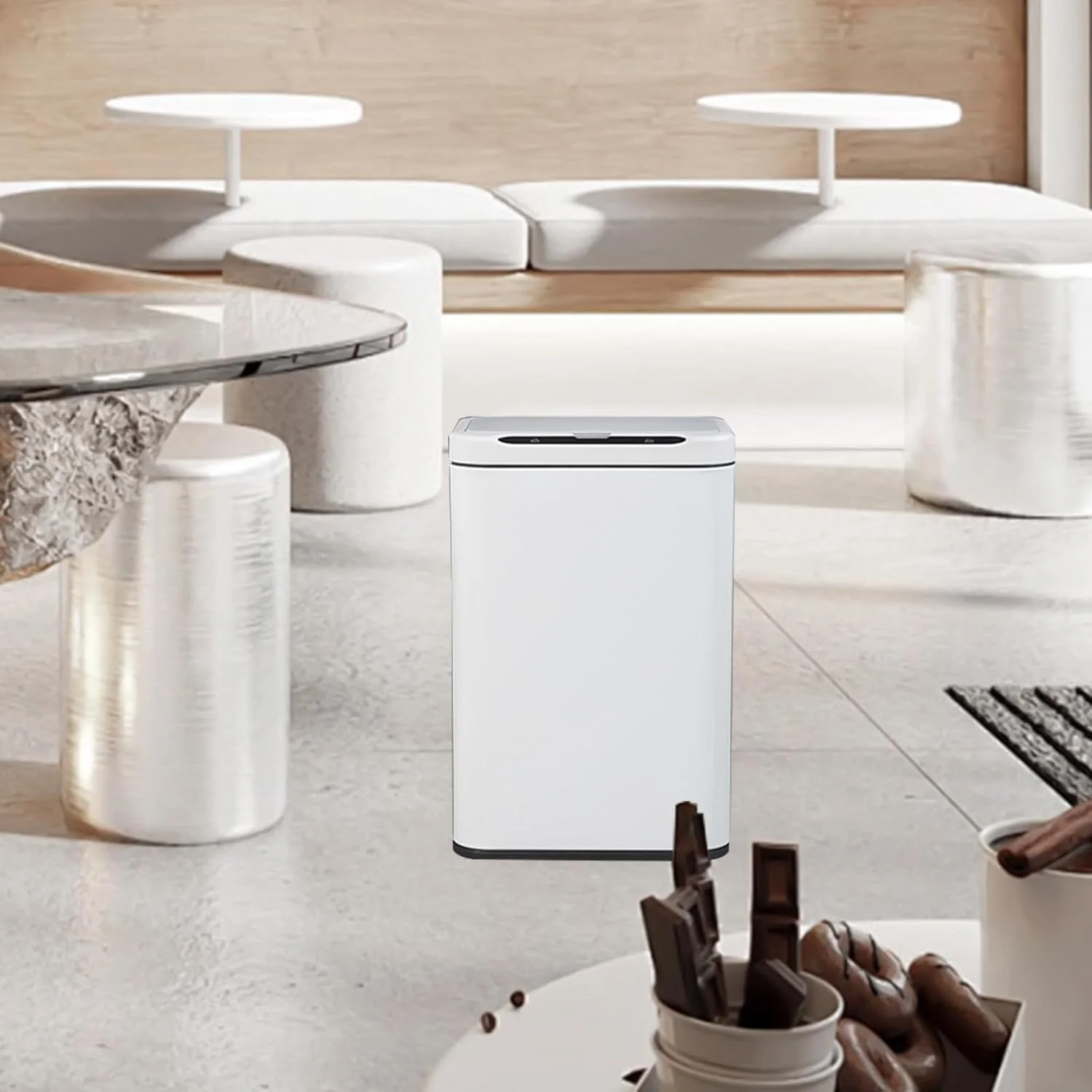 سطل زباله استیل اداری ELPHECO با سنسور حرکتی، سطل زباله هوشمند بدون لمس، سطل زباله اتوماتیک برای آشپزخانه، دفتر، حمام (سفید، 21 لیتر)، 3AA