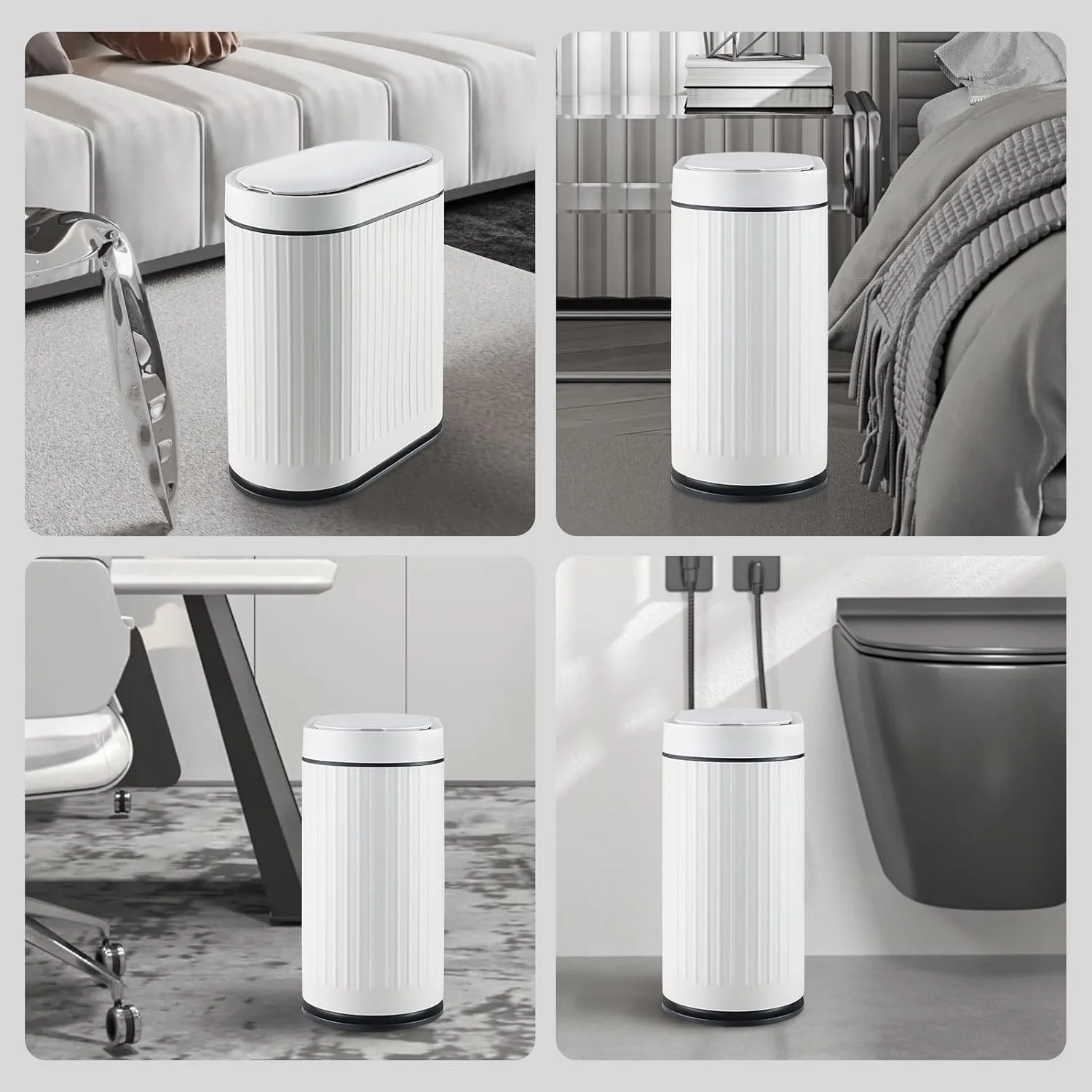 سطل زباله حمام ELPHECO با درب، 2 گالن، سطل زباله سنسور حرکتی 7.5 لیتری، سطل زباله کوچک بدون لمس، سطل زباله باریک ضد آب هوشمند با راه راه برای اتاق خواب، دفتر (سفید-مشکی)