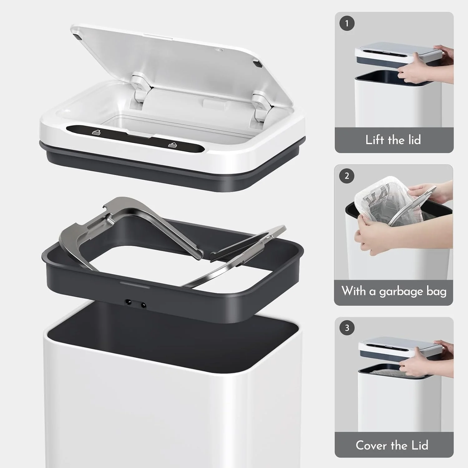 سطل زباله استیل اداری ELPHECO با سنسور حرکتی، سطل زباله هوشمند بدون لمس، سطل زباله اتوماتیک برای آشپزخانه، دفتر، حمام (سفید، 21 لیتر)، 3AA