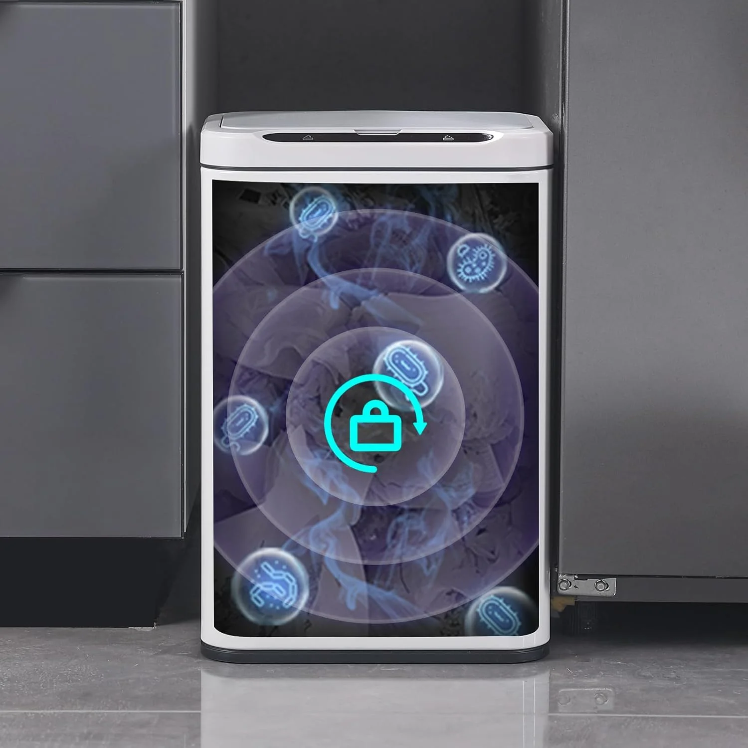 سطل زباله استیل اداری ELPHECO با سنسور حرکتی، سطل زباله هوشمند بدون لمس، سطل زباله اتوماتیک برای آشپزخانه، دفتر، حمام (سفید، 21 لیتر)، 3AA