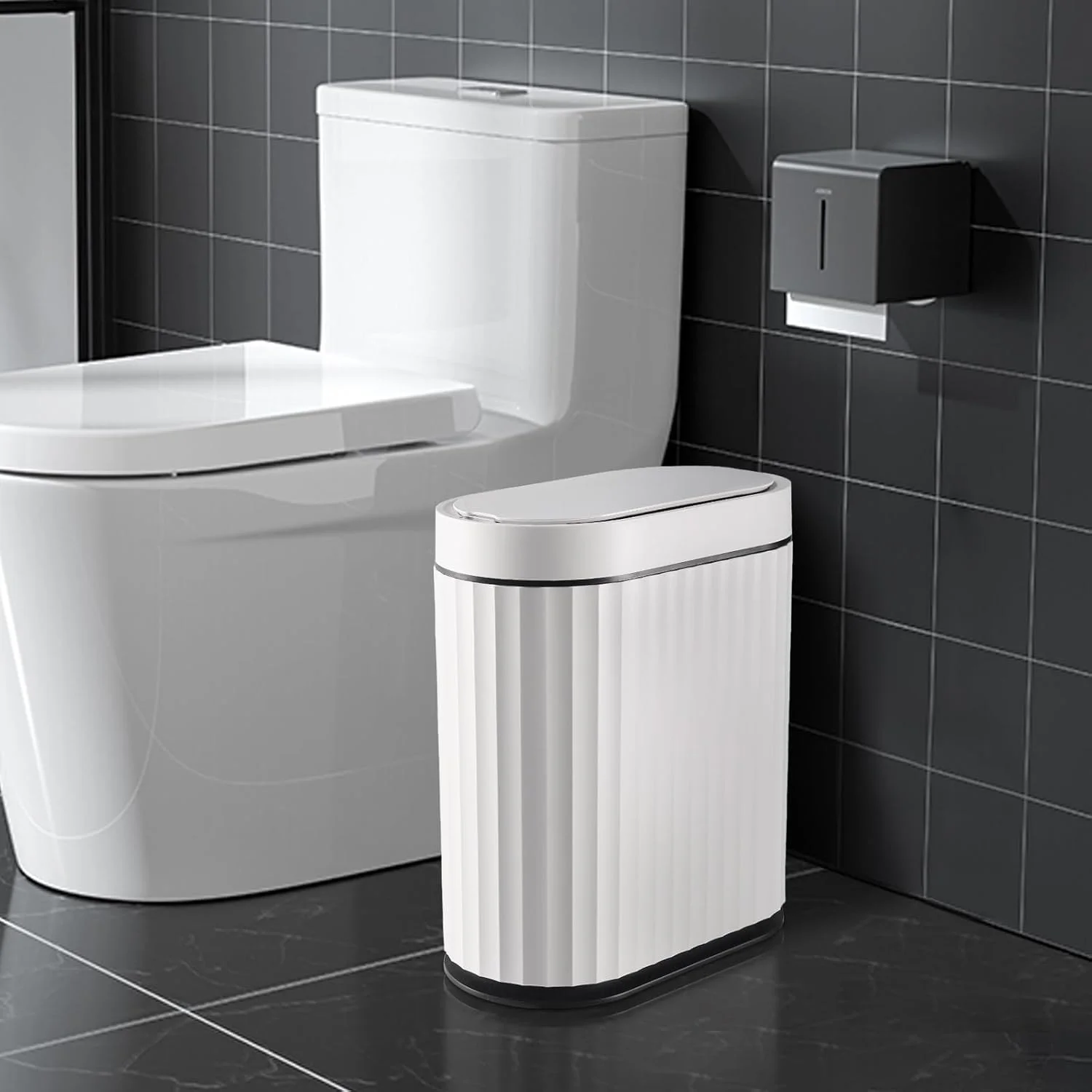 سطل زباله حمام ELPHECO با درب، سطل زباله سنسوردار کوچک 2 گالنی، سطل زباله هوشمند باریک 9 لیتری، سطل زباله اتوماتیک ضد آب، سطل زباله باریک پلاستیکی برای حمام، سیاه و سفید