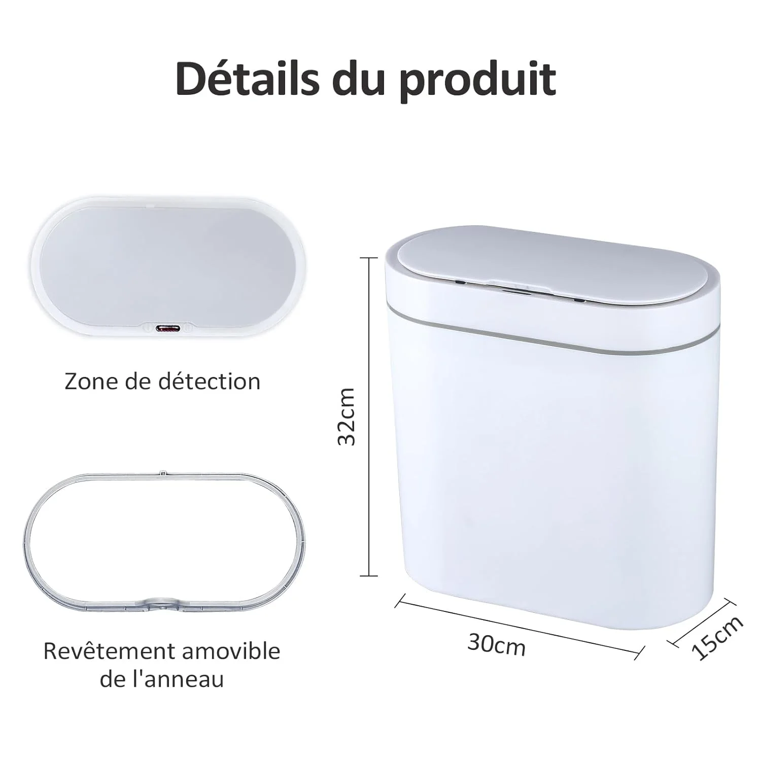 سطل زباله حمام ELPHECO، سطل زباله کوچک حسگر حرکتی ضد آب 2.5 گالن با درب، سطل زباله باریک پلاستیکی اتوماتیک 9.5 لیتری برای اتاق خواب، سطل زباله اداری، سفید