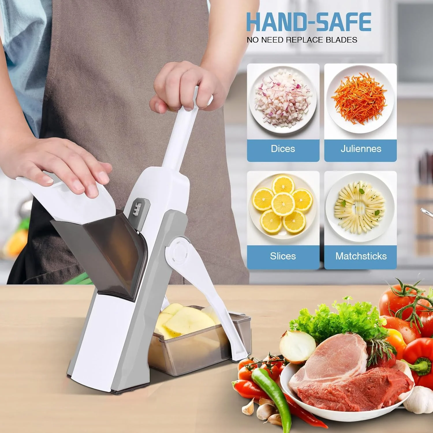 اسلایسر ماندولین ایمن Masthome، اسلایسر ماندولین برای آشپزخانه، اسلایسر ماندولین قابل تنظیم، خردکن سبزیجات و سیب زمینی، ابزار آشپزخانه 5 در 1 با مکنده