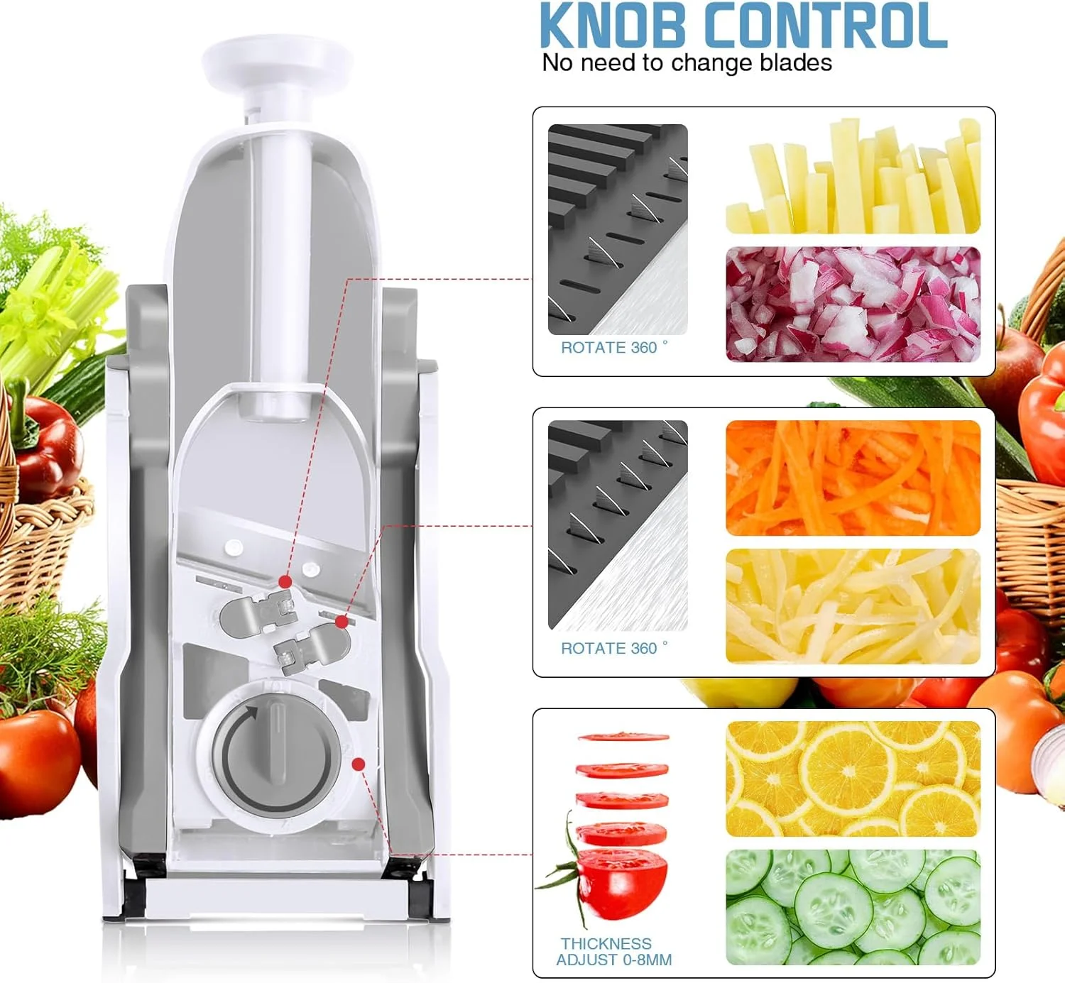 اسلایسر ماندولین ایمن Masthome، اسلایسر ماندولین برای آشپزخانه، اسلایسر ماندولین قابل تنظیم، خردکن سبزیجات و سیب زمینی، ابزار آشپزخانه 5 در 1 با مکنده