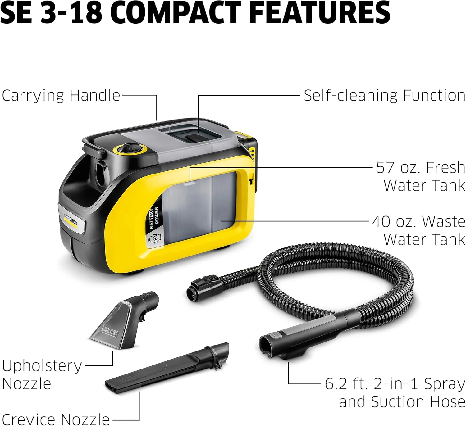 دستگاه فرش و مبل شوی بی سیم کارچر مدل SE 3-18 Compact، دارای عملکرد خود تمیز شوندگی، مناسب برای تمیز کردن فرش، خودرو و مبلمان، قابل استفاده با باتری 18 ولت کارچر (باتری شامل نمی شود) دستگاه فرش و مبل شوی بی سیم کارچر مدل SE 3-18 Compact، دارای عملکرد خود تمیز شوندگی، مناسب برای تمیز کردن فرش، خودرو و مبلمان، قابل استفاده با باتری 18 ولت کارچر (باتری شامل نمی شود)