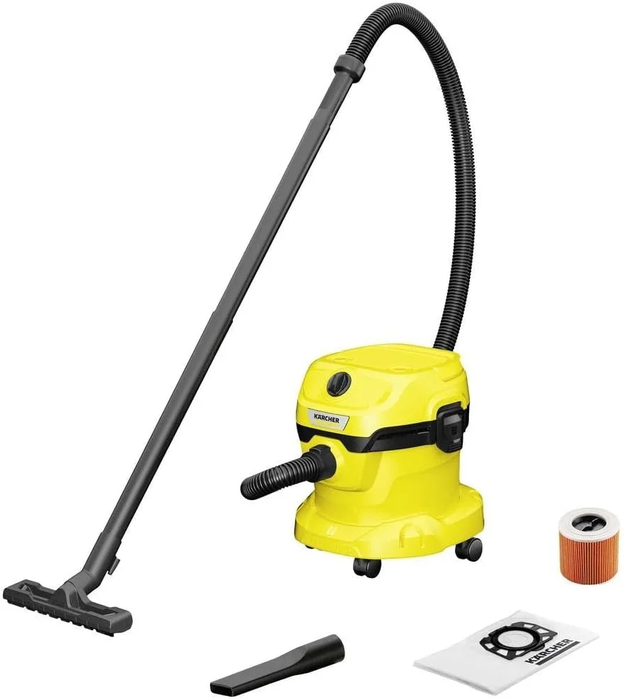 جاروبرقی آب و خاک کارچر WD 2 Plus V-12/4/18/C، توان 1000 وات، مخزن پلاستیکی: 12 لیتر، شلنگ مکش: 1.8 متر، فیلتر کارتریجی، نازل کف و شکاف 1.628-009.0، ولت، زرد