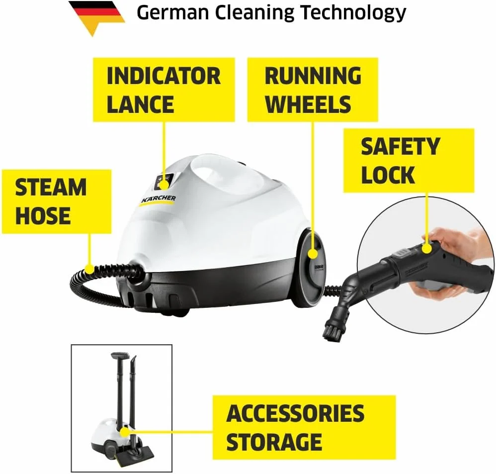 بخارشوی کارچر SC 2 EasyFix، 1500 وات، فشار 3.2 بار، 1200 لیتر بخار/لیتر آب، تمیز کردن بدون مواد شیمیایی، از بین بردن 99.99% ویروس ها و باکتری ها، کیت کف شوی EasyFix، ایده آل برای مصارف خانگی، فناوری آلمان، سفید