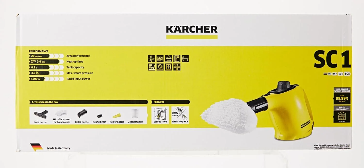 بخارشوی دستی کارچر SC 1، فشار بخار: 3 بار، زمان گرم شدن: 3 دقیقه، توان: 1200 وات، ظرفیت سطح: 20 متر مربع، مخزن: 200 میلی لیتر، دارای نازل دستی، نقطه ای و قدرت، روکش میکروفایبر و برس گرد بخارشوی دستی کارچر SC 1، فشار بخار: 3 بار، زمان گرم شدن: 3 دقیقه، توان: 1200 وات، ظرفیت سطح: 20 متر مربع، مخزن: 200 میلی لیتر، دارای نازل دستی، نقطه ای و قدرت، روکش میکروفایبر و برس گرد