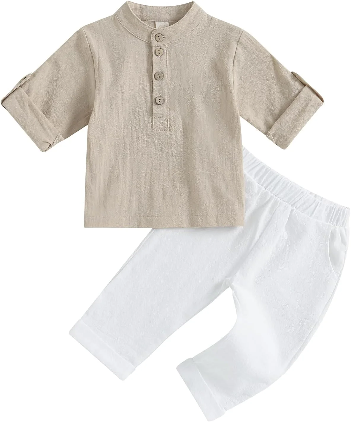 ست لباس پسرانه نوزادی Karuedoo، پیراهن های یقه هنلی دکمه دار آستین بلند از جنس کتان پنبه ای و شلوار غیر رسمی