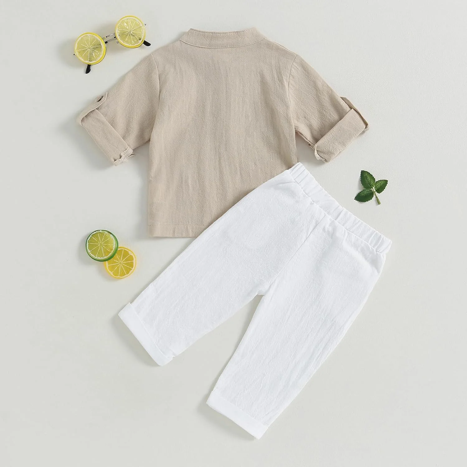 ست لباس پسرانه نوزادی Karuedoo، پیراهن های یقه هنلی دکمه دار آستین بلند از جنس کتان پنبه ای و شلوار غیر رسمی