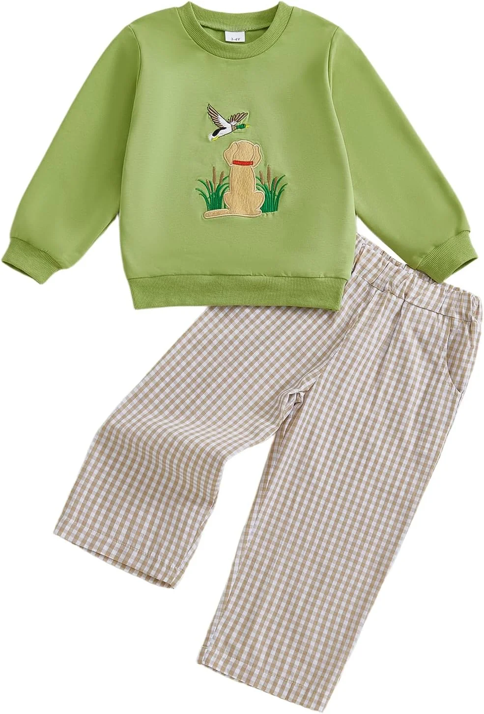 ست لباس پاییزی پسرانه Kayotuas، بلوز یقه گرد گلدوزی شده و شلوار چهارخانه کمر کش، 2 تکه