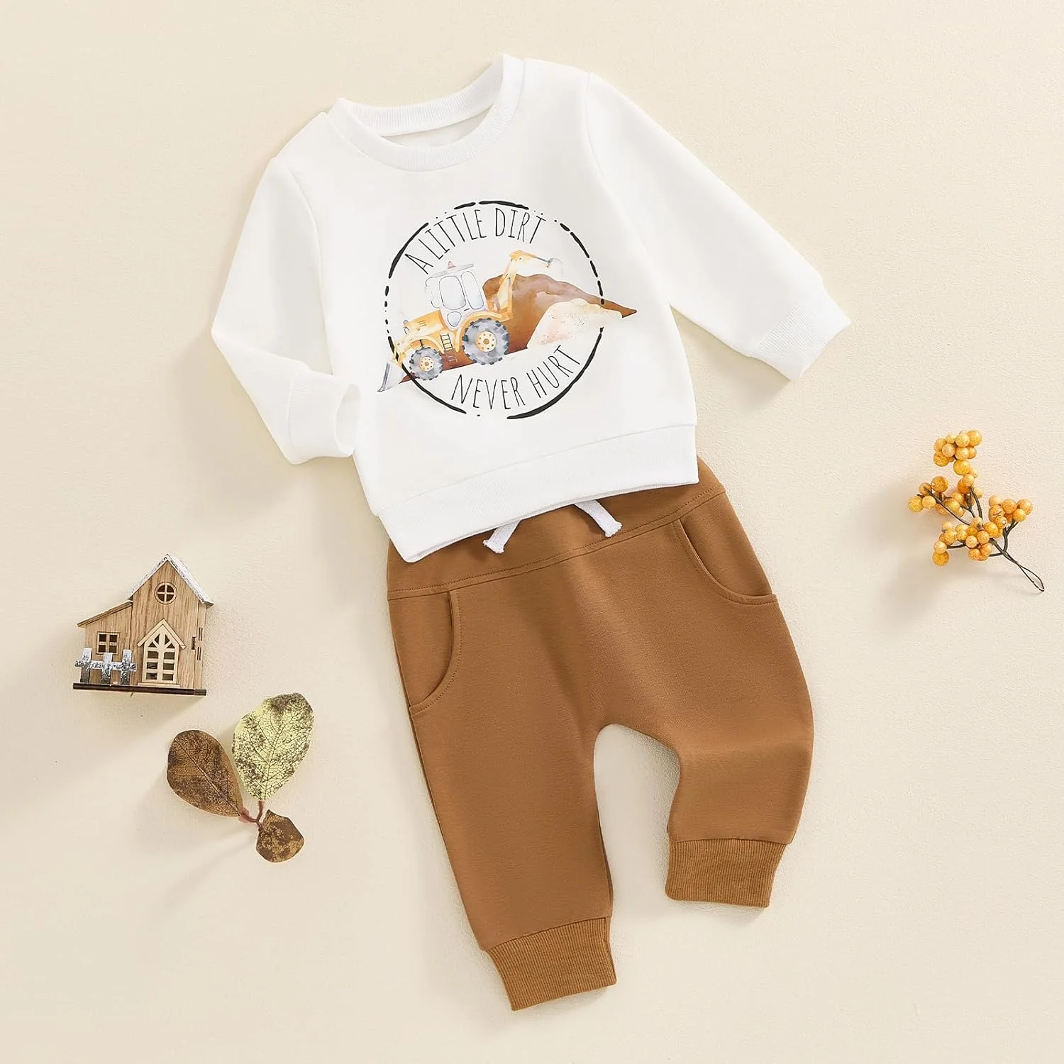 ست لباس پسرانه بچه نوپا Kayotuas، لباس‌های پاییزی و بهاری با طرح مزرعه، بلوز آستین بلند تراکتور و شلوار، ست لباس 2 تکه