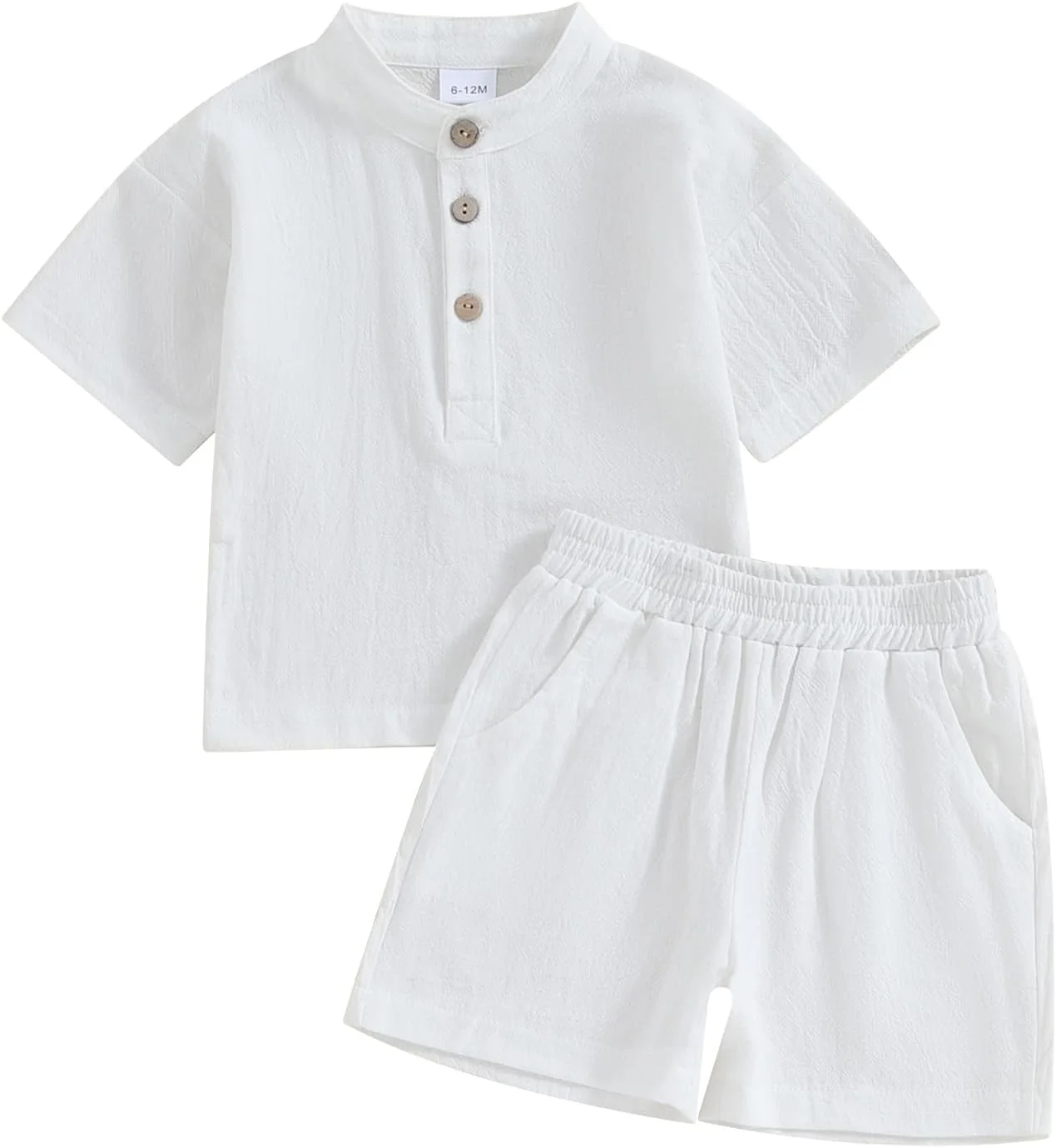Lesimsam ست لباس پسرانه نوزادی، پیراهن آستین کوتاه یقه هنلی و شلوارک، جنس کتان و لینن، رنگ ثابت، مناسب فصل تابستان، 2 تکه