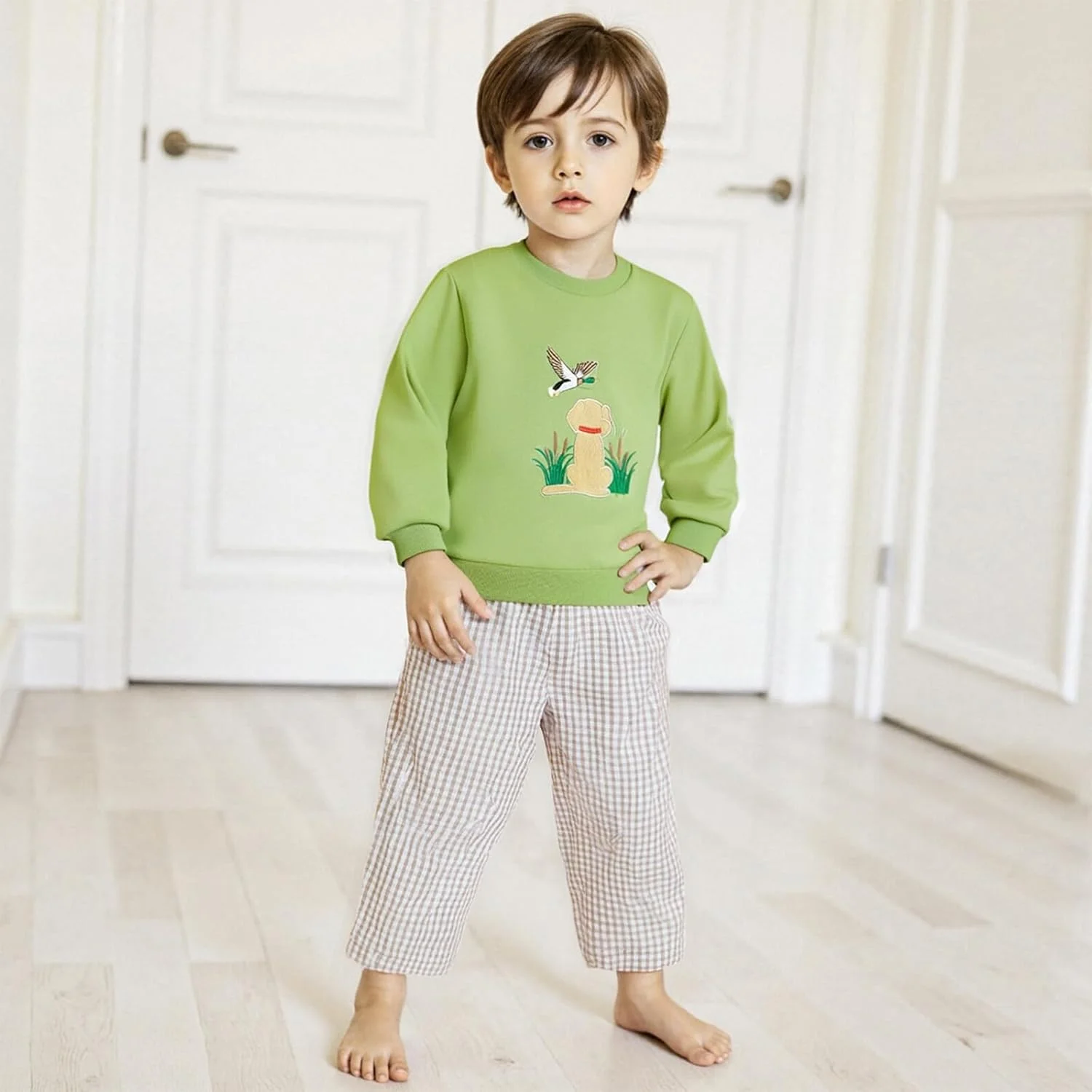 ست لباس پاییزی پسرانه Kayotuas، بلوز یقه گرد گلدوزی شده و شلوار چهارخانه کمر کش، 2 تکه