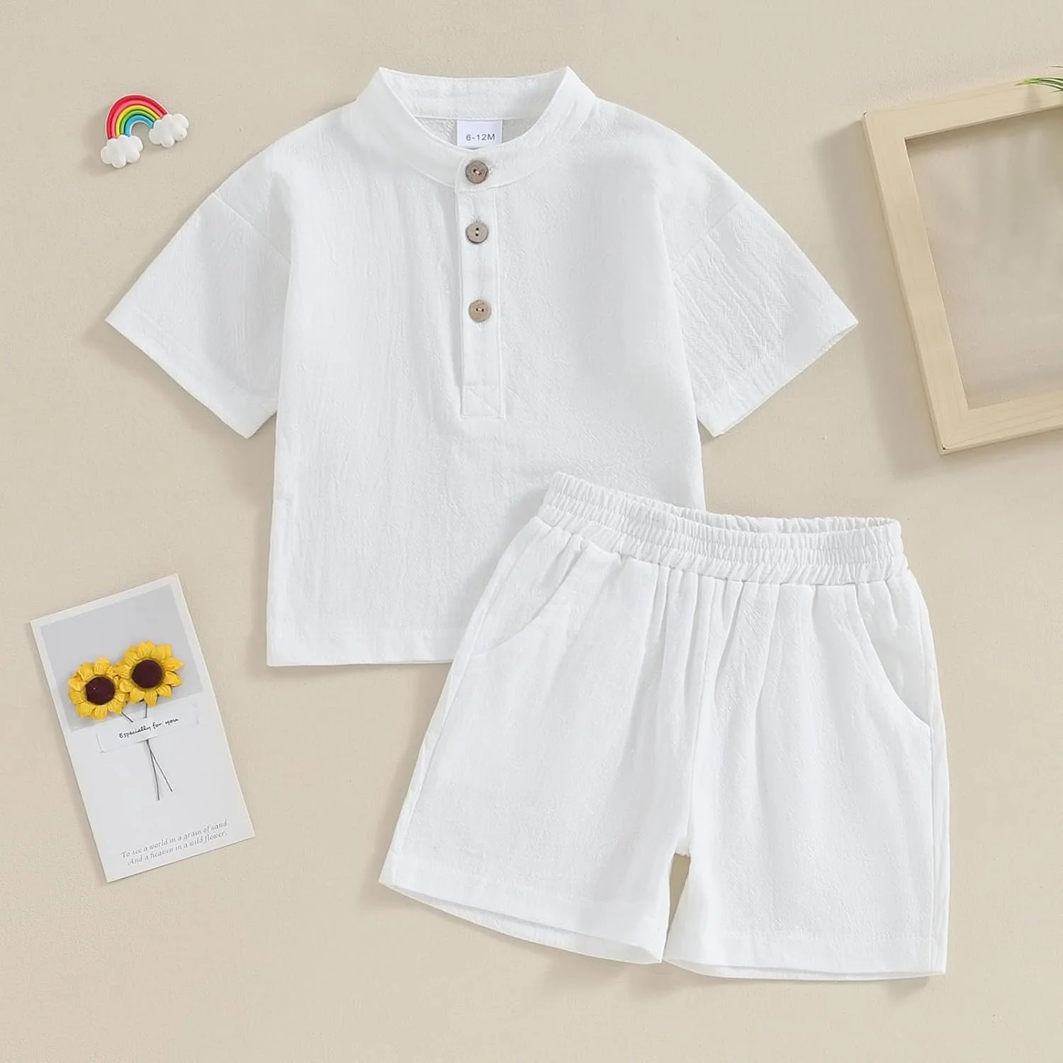 Lesimsam ست لباس پسرانه نوزادی، پیراهن آستین کوتاه یقه هنلی و شلوارک، جنس کتان و لینن، رنگ ثابت، مناسب فصل تابستان، 2 تکه