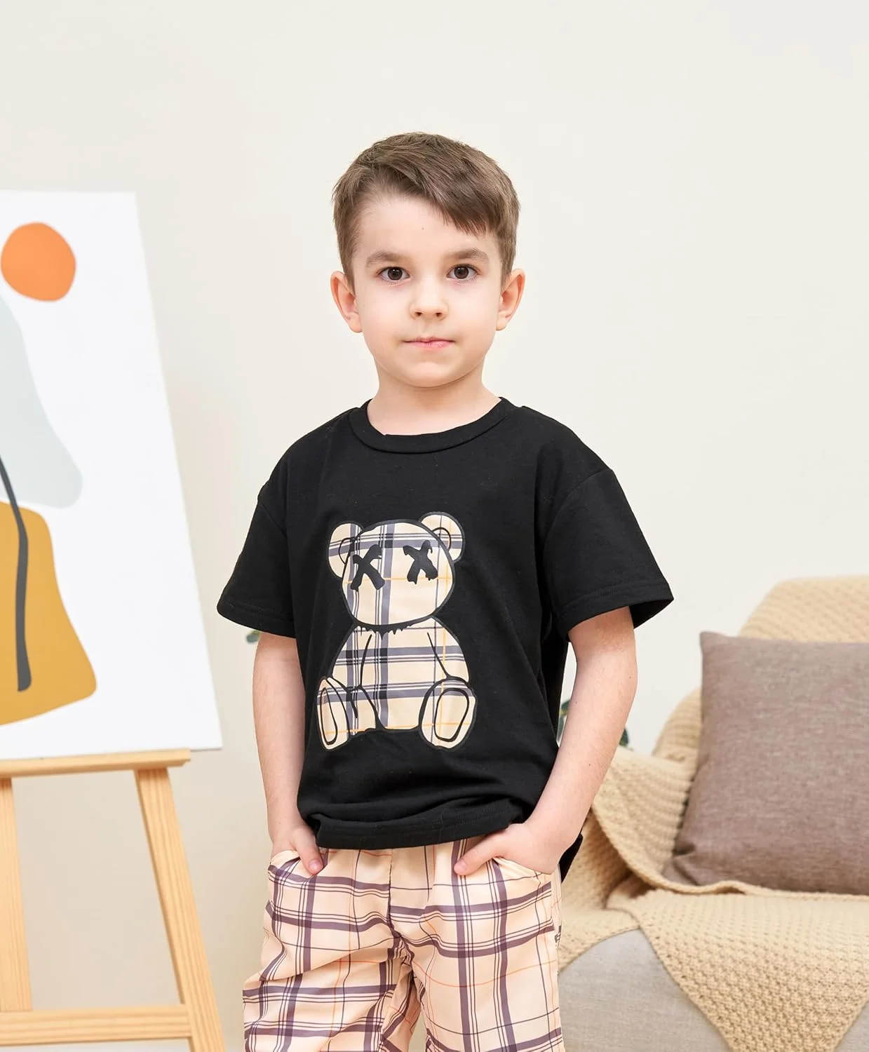 ست لباس پسرانه بچه گانه KIDLAGA، تیشرت آستین کوتاه با طرح خرس و شلوارک چهارخانه، 2 تکه ست لباس پسرانه بچه گانه KIDLAGA، تیشرت آستین کوتاه با طرح خرس و شلوارک چهارخانه، 2 تکه