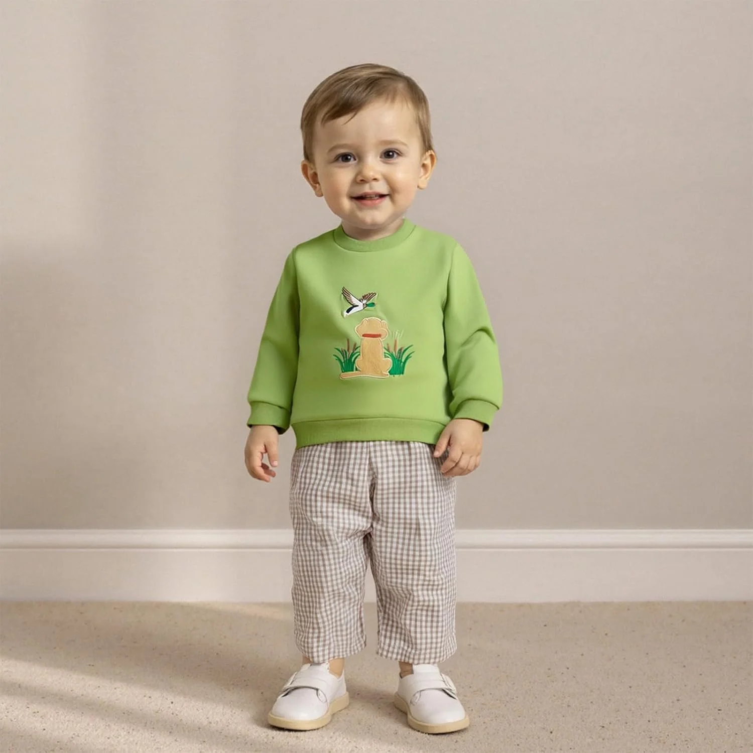 ست لباس پاییزی پسرانه Kayotuas، بلوز یقه گرد گلدوزی شده و شلوار چهارخانه کمر کش، 2 تکه