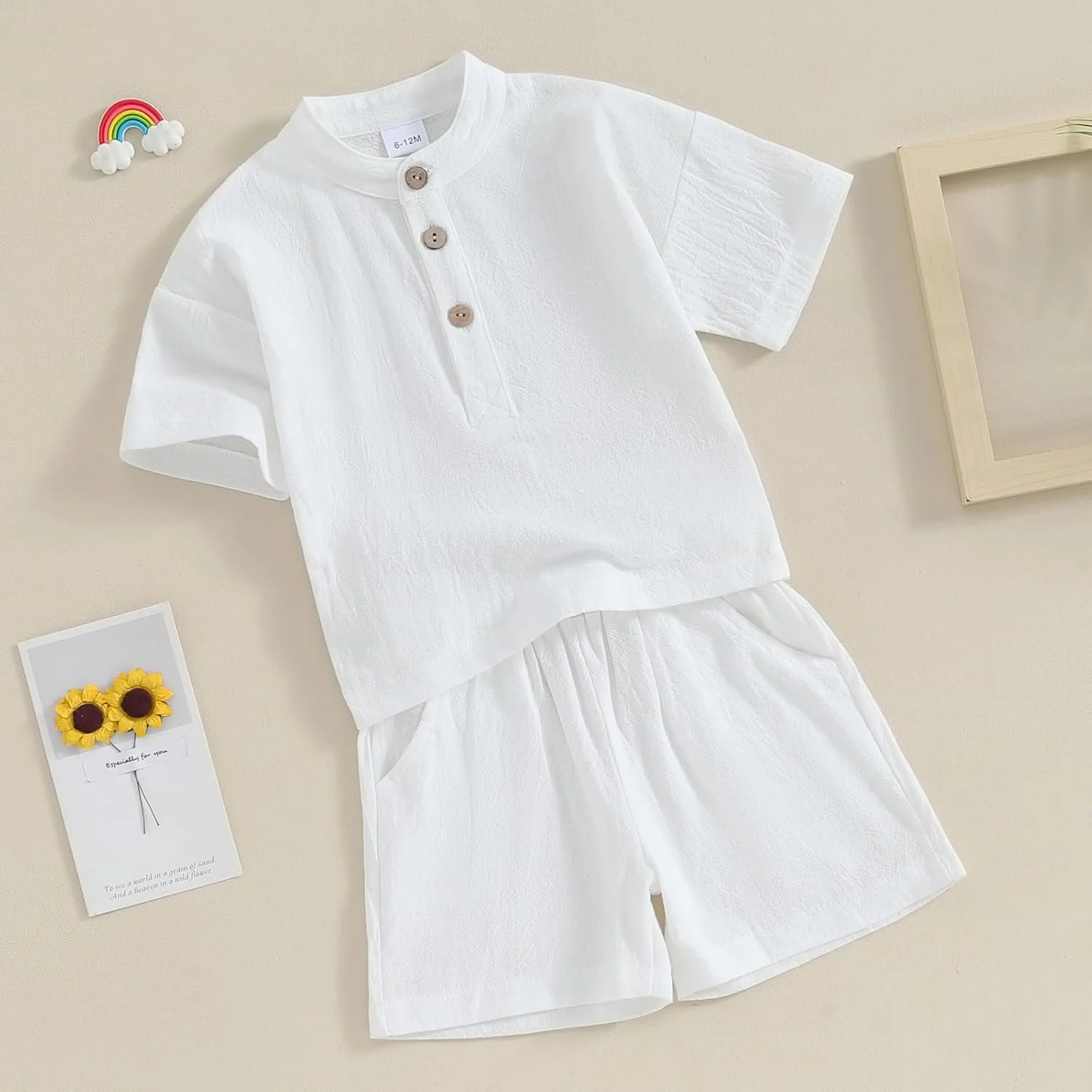Lesimsam ست لباس پسرانه نوزادی، پیراهن آستین کوتاه یقه هنلی و شلوارک، جنس کتان و لینن، رنگ ثابت، مناسب فصل تابستان، 2 تکه