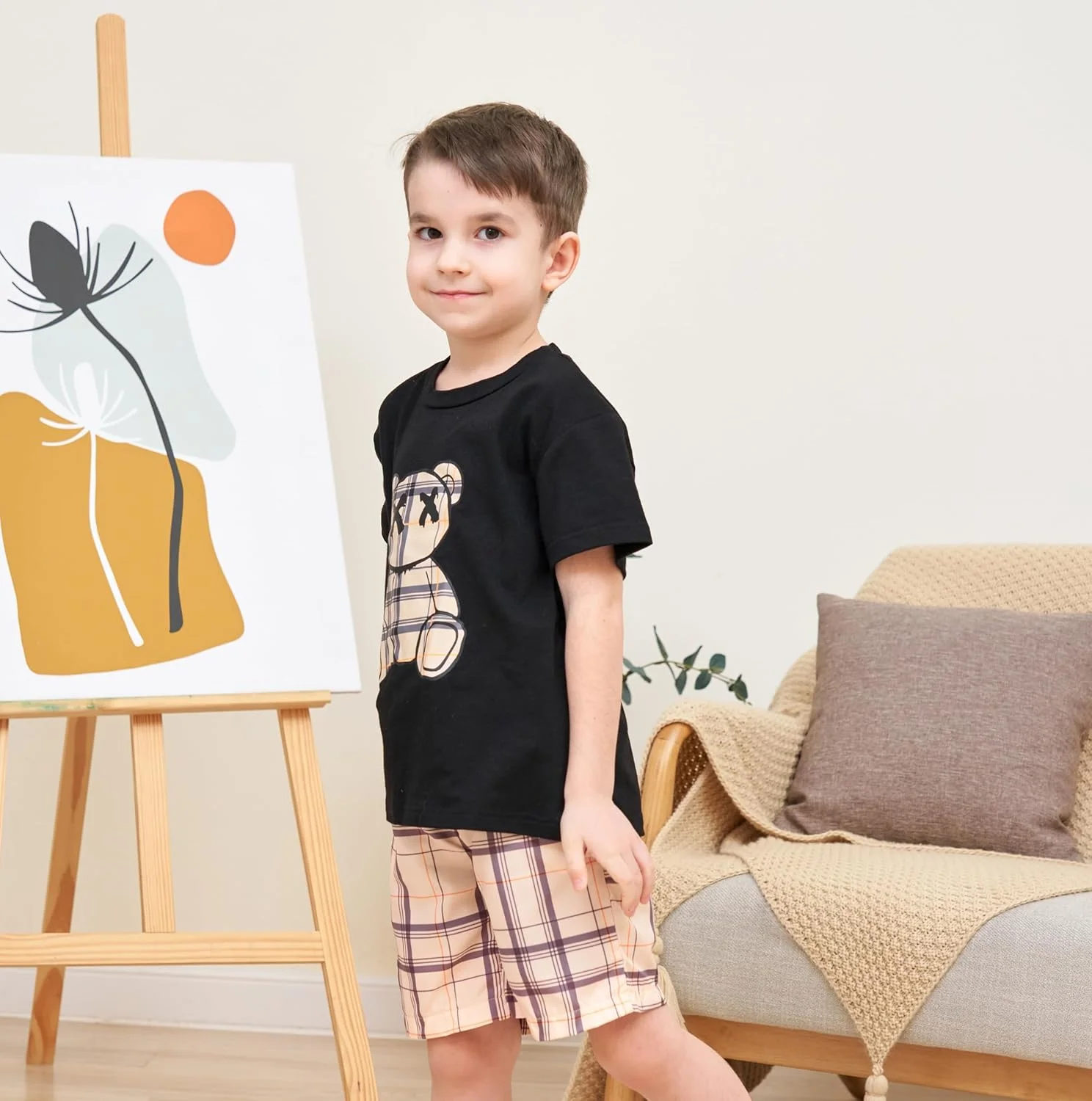 ست لباس پسرانه بچه گانه KIDLAGA، تیشرت آستین کوتاه با طرح خرس و شلوارک چهارخانه، 2 تکه ست لباس پسرانه بچه گانه KIDLAGA، تیشرت آستین کوتاه با طرح خرس و شلوارک چهارخانه، 2 تکه