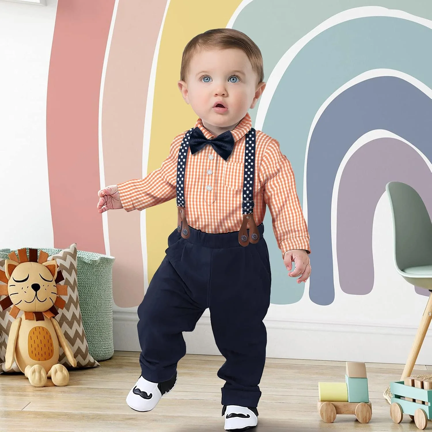 Yilaku لباس پسرانه بچه گانه با بند شلوار، ست 4 تکه آستین بلند پسرانه