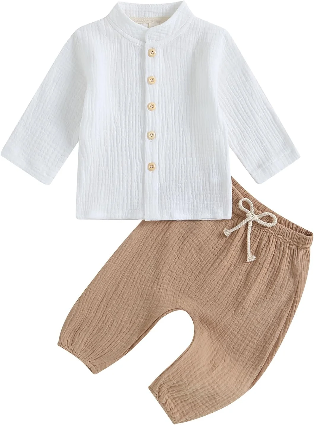 ست لباس دو تکه پسرانه Yassiglia از جنس کتان و لینن، لباس نرم و راحت از جنس موسلین مناسب کودکان نوپا، شامل پیراهن آستین بلند با یقه ایستاده + شلوار