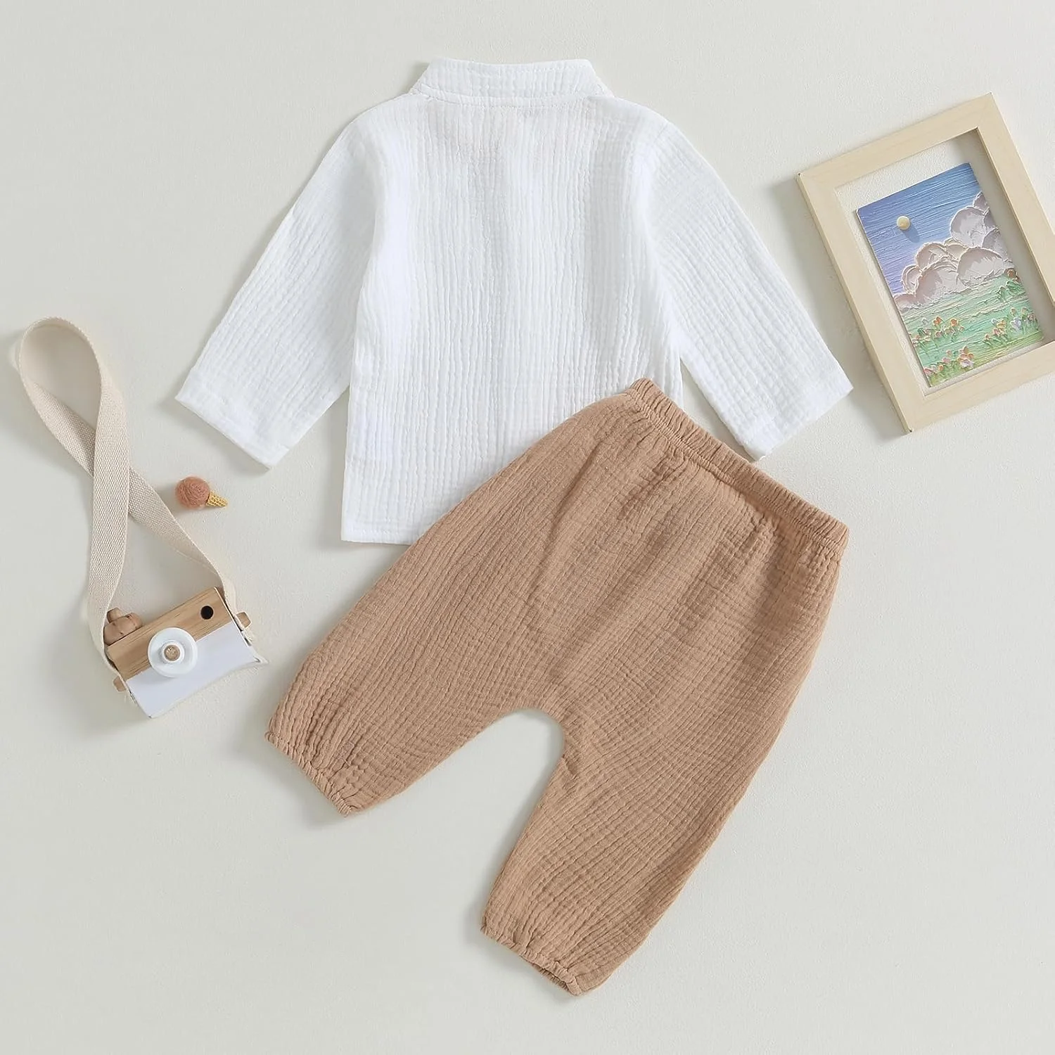 ست لباس دو تکه پسرانه Yassiglia از جنس کتان و لینن، لباس نرم و راحت از جنس موسلین مناسب کودکان نوپا، شامل پیراهن آستین بلند با یقه ایستاده + شلوار