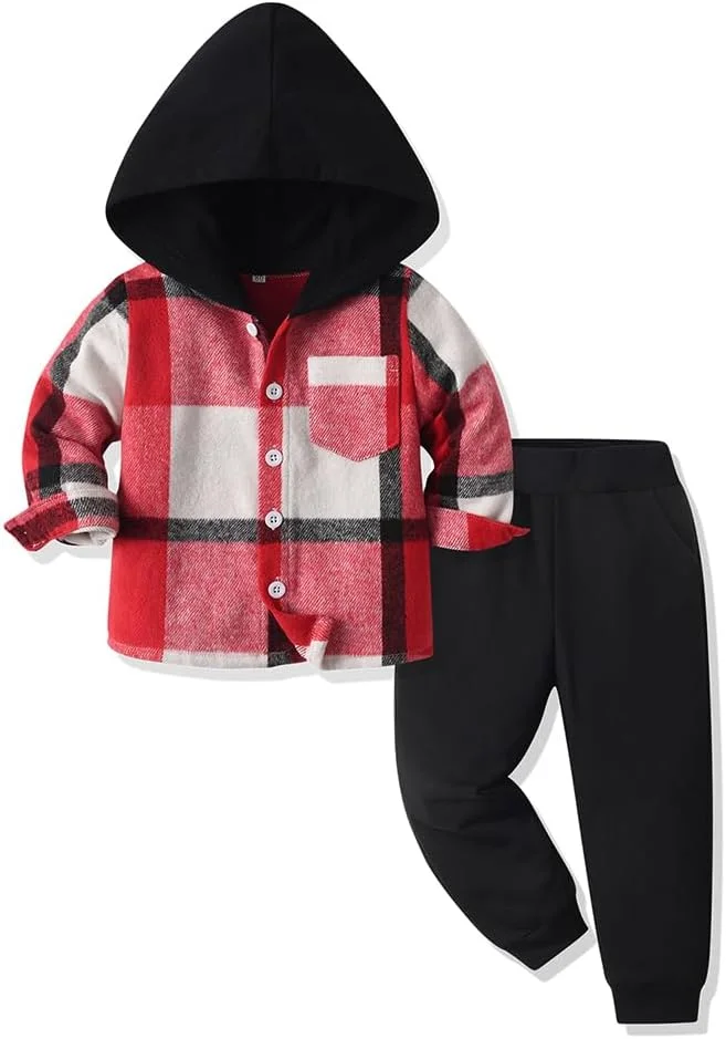 ست لباس پسرانه Yanmucy، شامل هودی پیراهن چهارخانه نخی و شلوار، مناسب کودکان 2 تا 7 سال، لباس ورزشی بهاره، پاییزه و زمستانه