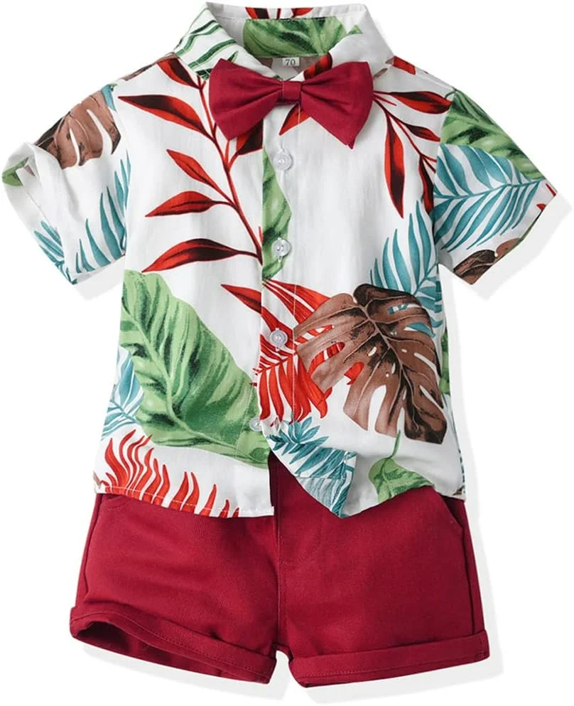 ست لباس تابستانی هاوایی پسرانه شامل پیراهن گلدار + شلوارک ساده، مناسب جنتلمن های کوچک با پیراهن دکمه دار و پاپیون