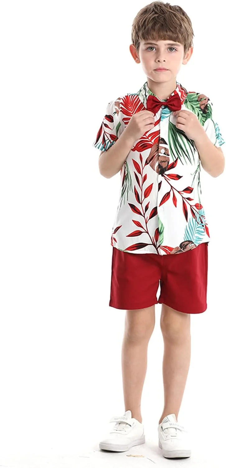 ست لباس تابستانی هاوایی پسرانه شامل پیراهن گلدار + شلوارک ساده، مناسب جنتلمن های کوچک با پیراهن دکمه دار و پاپیون