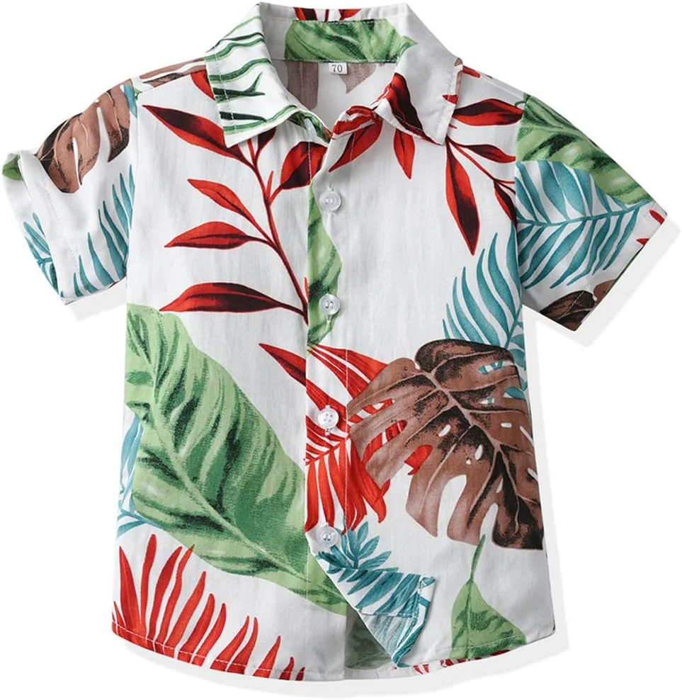 ست لباس تابستانی هاوایی پسرانه شامل پیراهن گلدار + شلوارک ساده، مناسب جنتلمن های کوچک با پیراهن دکمه دار و پاپیون