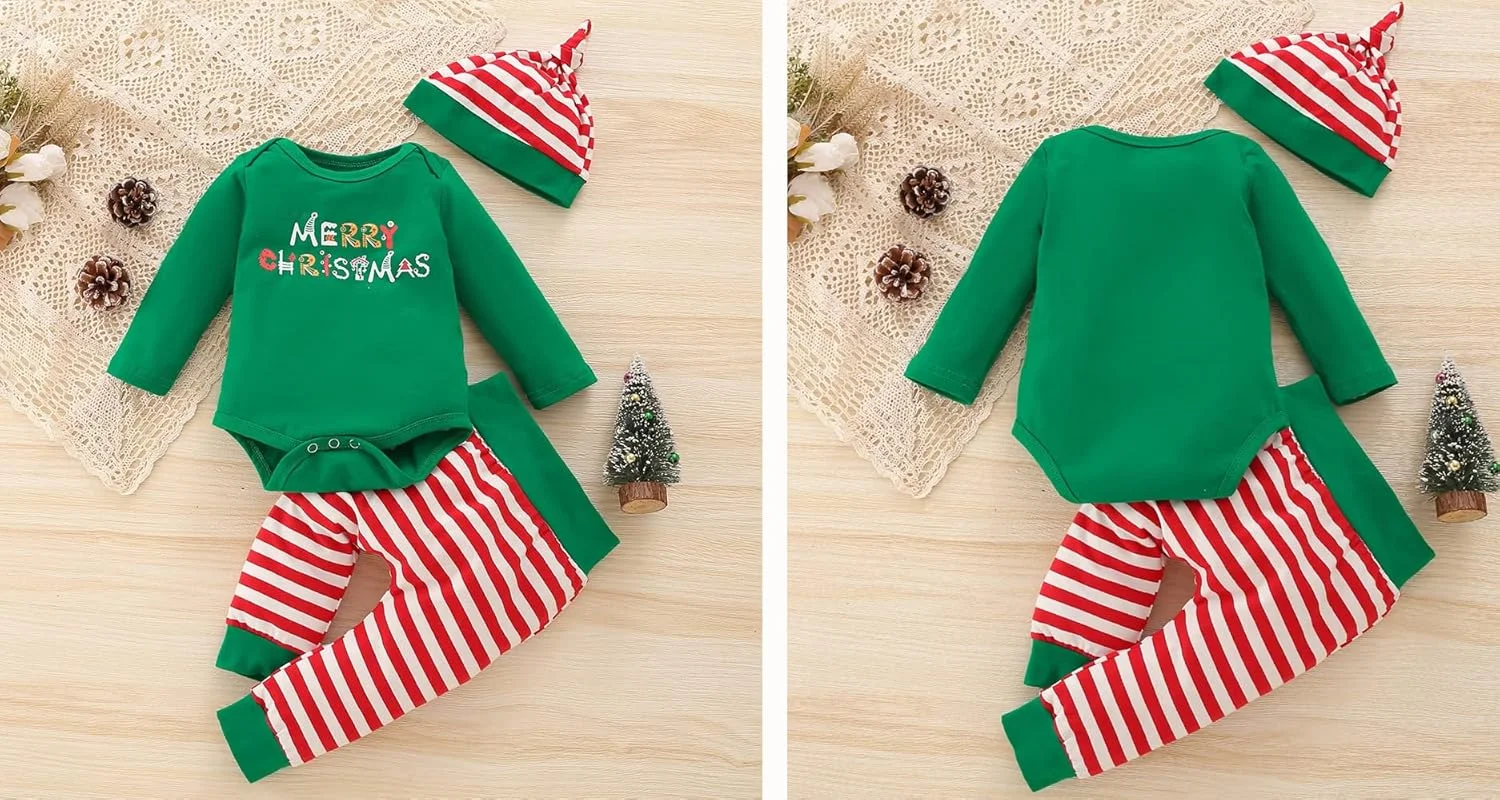 لباس کریسمس نوزاد دختر، ست لباس الف نوزادی با شلوار چین دار، لباس کریسمس نوزاد 0-18 ماه