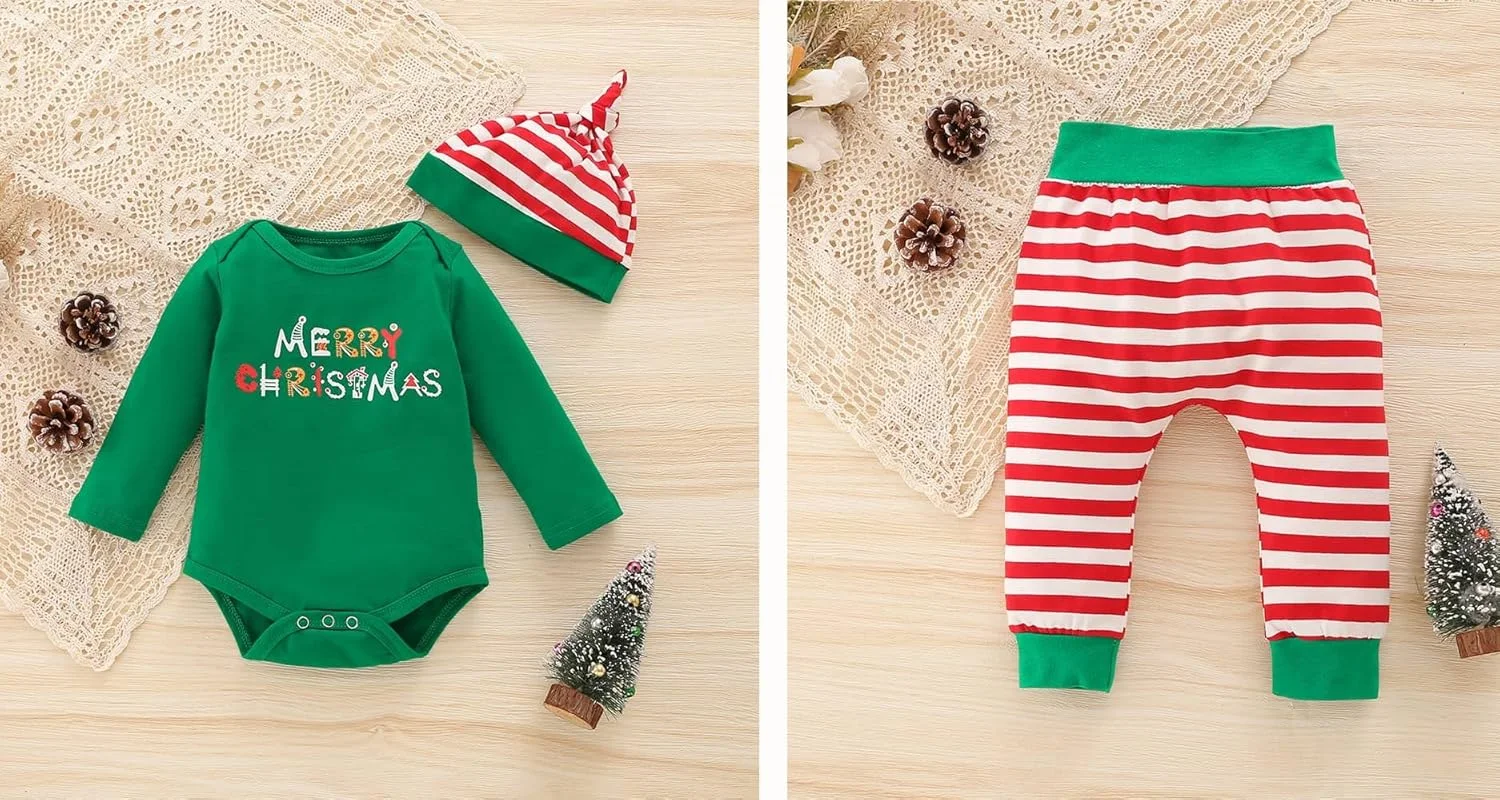 لباس کریسمس نوزاد دختر، ست لباس الف نوزادی با شلوار چین دار، لباس کریسمس نوزاد 0-18 ماه