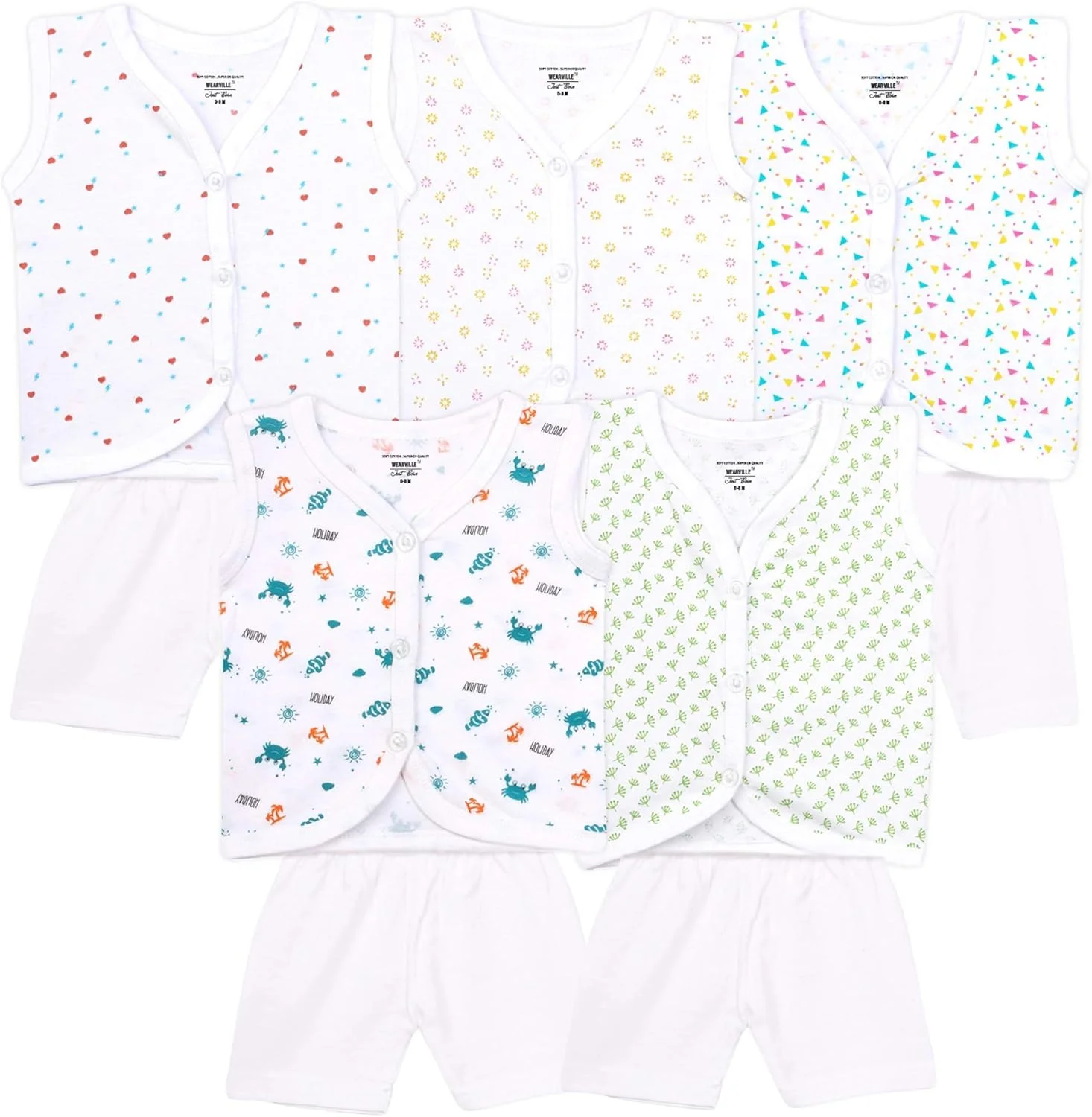 ست لباس نوزادی پسرانه و دخترانه Wearville شامل بلوز و شلوار (چند رنگ)، بسته 5 عددی، چند رنگ، 0-3 ماه