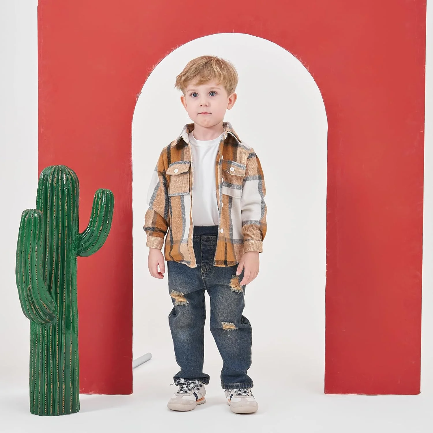 ست لباس پسرانه Volunboy، پیراهن فلانل آستین بلند چهارخانه + شلوار جین آبی، ست لباس 2 تکه