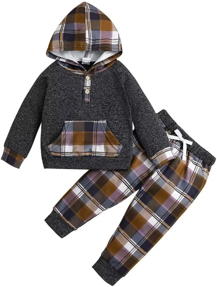 ست لباس پسرانه بچه گانه پاییزه زمستانه، بلوز آستین بلند کلاه دار دکمه دار چهارخانه و شلوار، سایز 12 ماه تا 5 سال