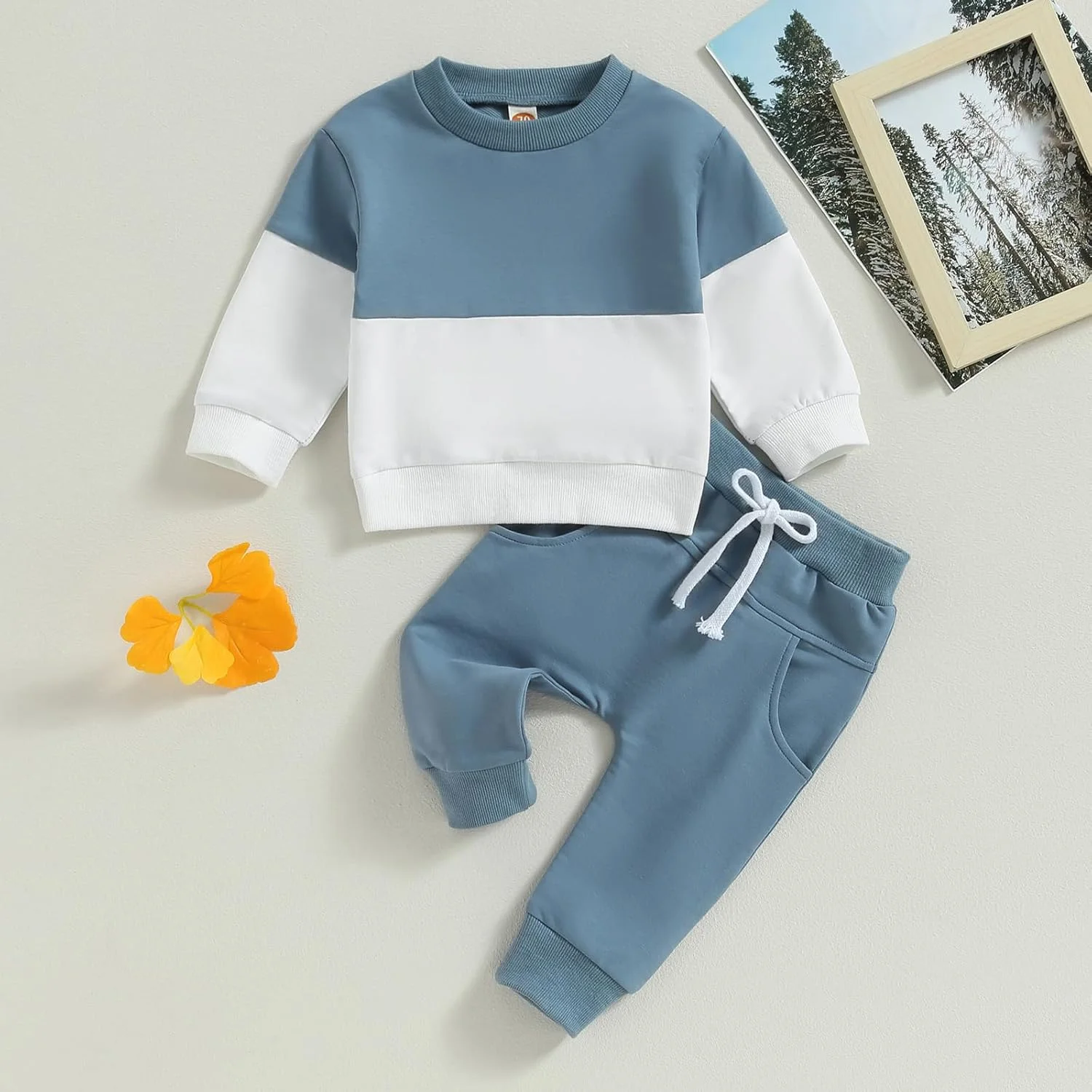 ست لباس پسرانه بچه گانه Thorn Tree، بلوز آستین بلند رنگ متضاد، شلوار ساده، مناسب پاییز و زمستان