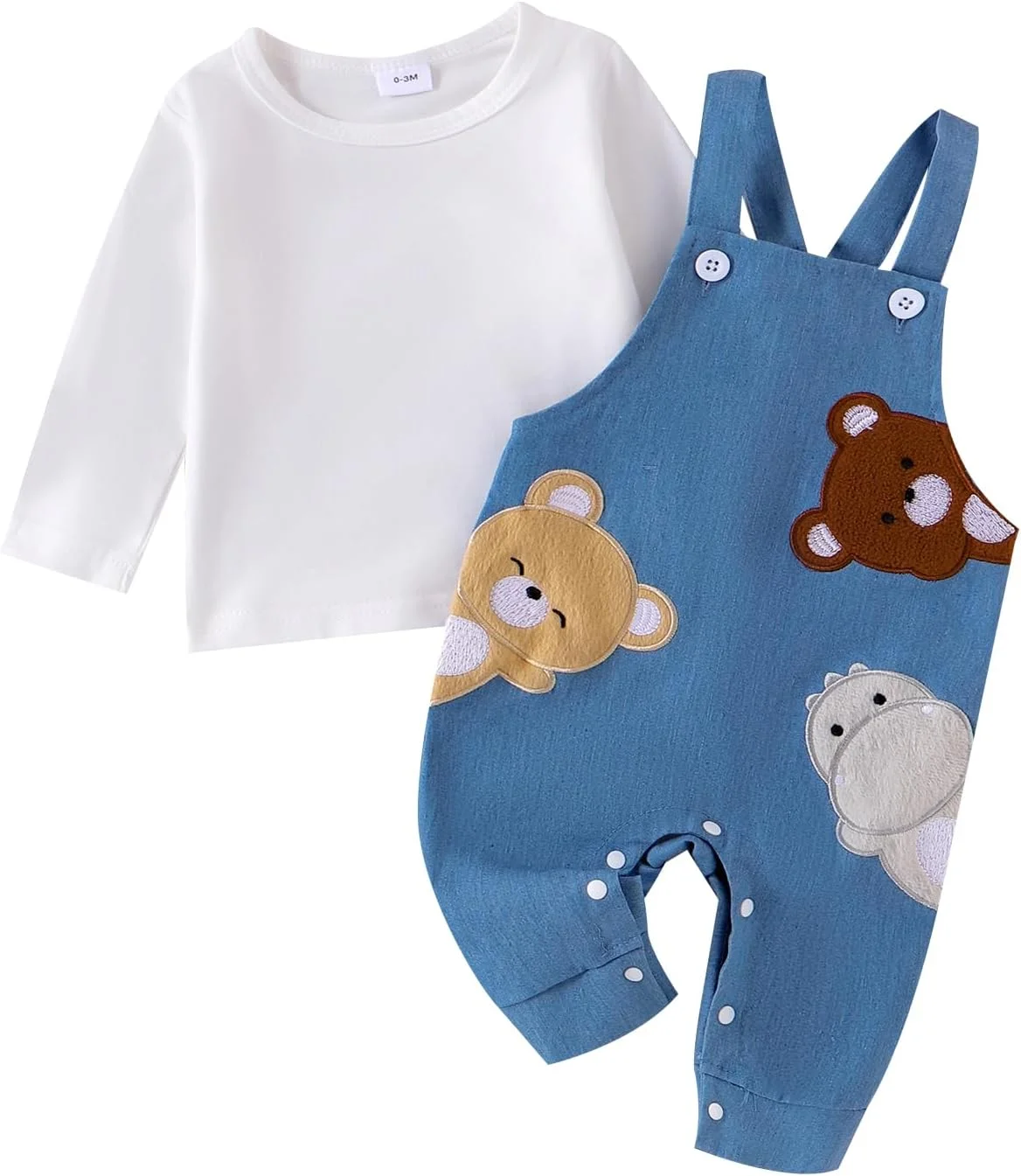 ست لباس پسرانه SXYPAYXS - تیشرت آستین بلند یقه گرد با گلدوزی حیوانات و شلوار پیشبندی، ست لباس پاییزی نوزادی