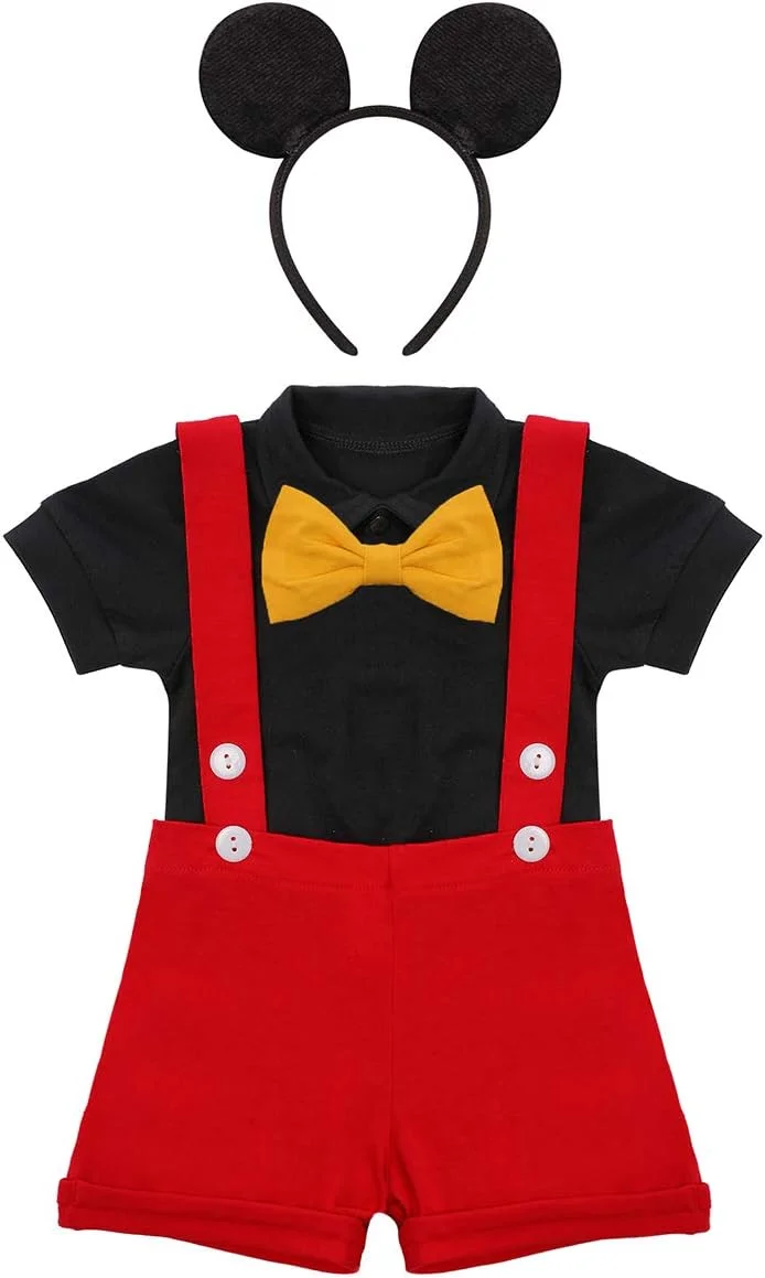 ست لباس پسرانه IWEMEK طرح موش، مناسب جشن تولد یک سالگی، شامل پاپیون، شلوارک ساسپندر، رامپر، سرهمی و هدبند
