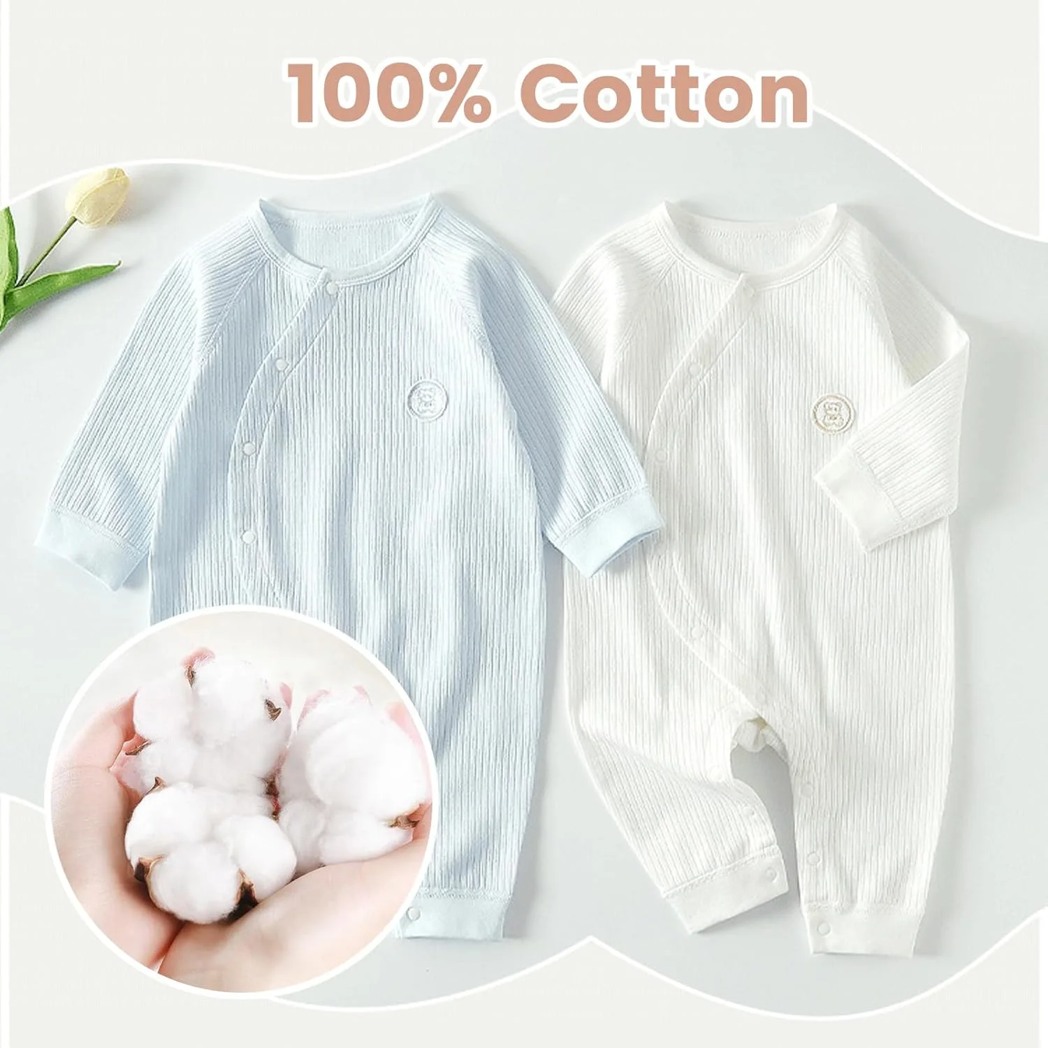 ZONEY لباس زیر دکمه دار نوزادی پسرانه دخترانه پنبه ارگانیک آستین بلند سرهمی 2 عددی لباس، 0-24 ماه