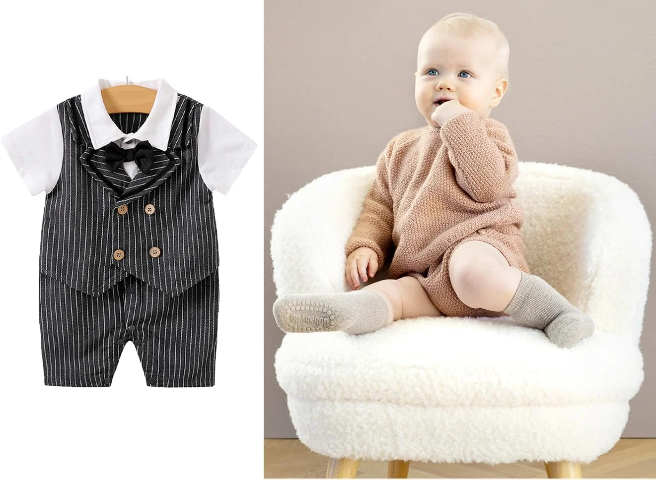 لباس جنتلمن نوزاد پسر، رامپر، بادی، سرهمی با پاپیون، کت و شلوار، پیراهن سفید، جلیقه لباس جنتلمن نوزاد پسر، رامپر، بادی، سرهمی با پاپیون، کت و شلوار، پیراهن سفید، جلیقه