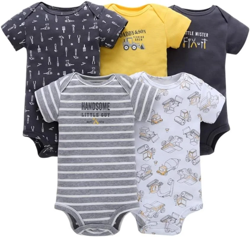 ست 5 عددی بادی آستین کوتاه نوزادی و نوپای یونی‌سکس، لباس زیر، رامپر (18-24 ماه، خاکستری/راه راه تعمیر)